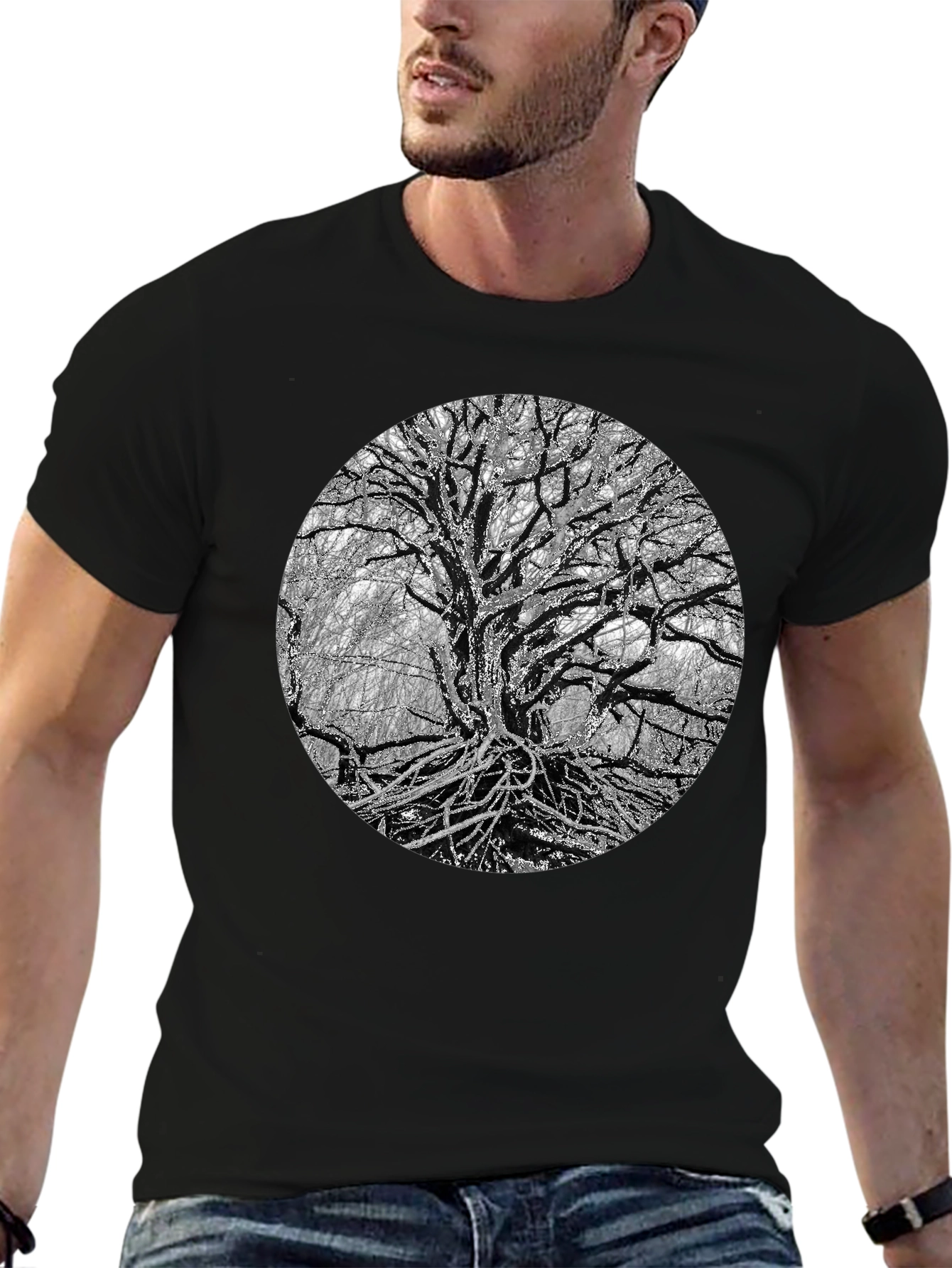 Black Monochrome Tree Graphic Tee - Nature Inspired Print view 6