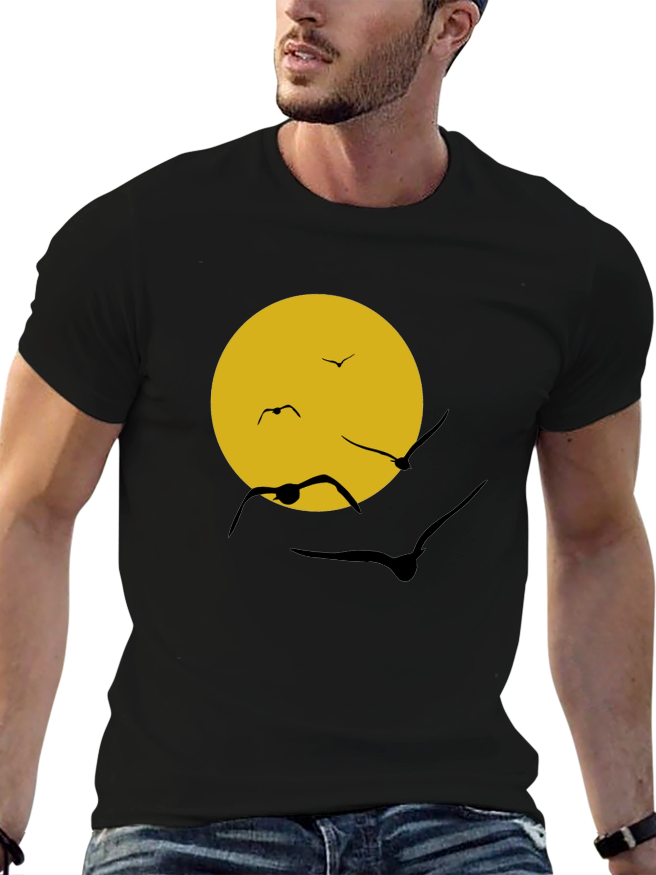 Black Black T-Shirt with Sun & Birds Graphic view 6