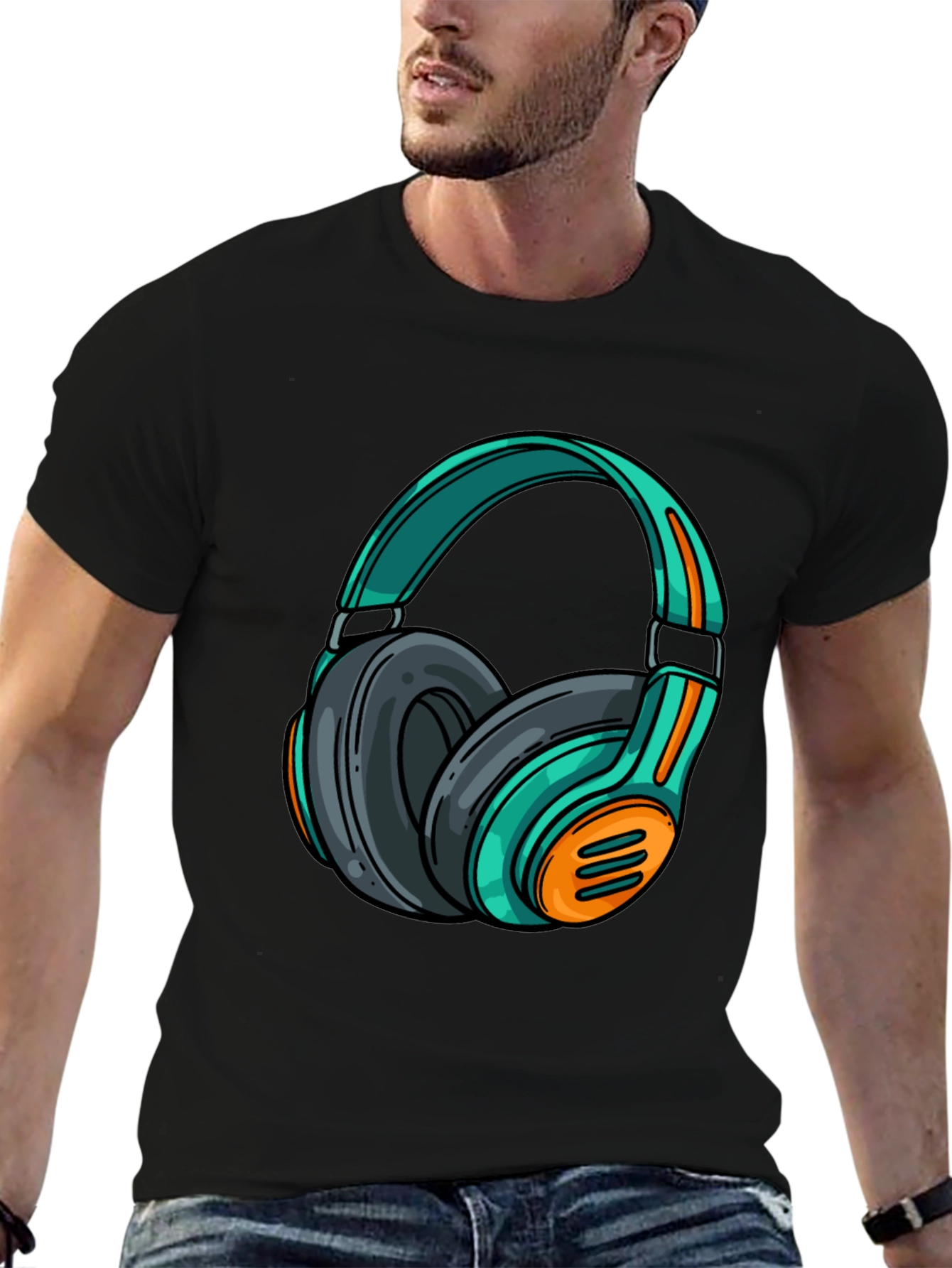 Black Stylish Black T-Shirt with Cool Headphone Graphic view 6