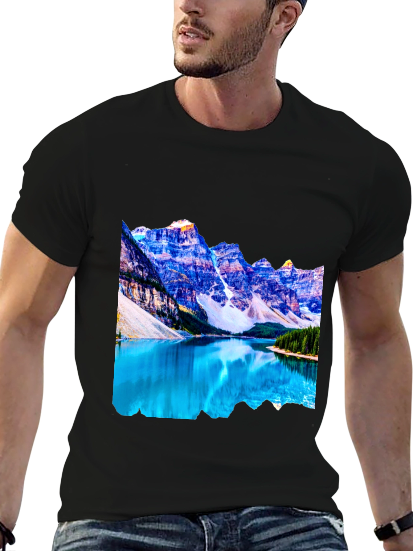 Black Mountain Lake Graphic Tee - Black Cotton Casual Shirt view 6