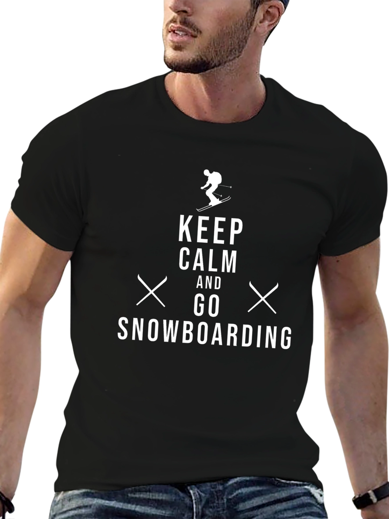 Black Keep Calm Snowboarding Black Graphic Tee view 6