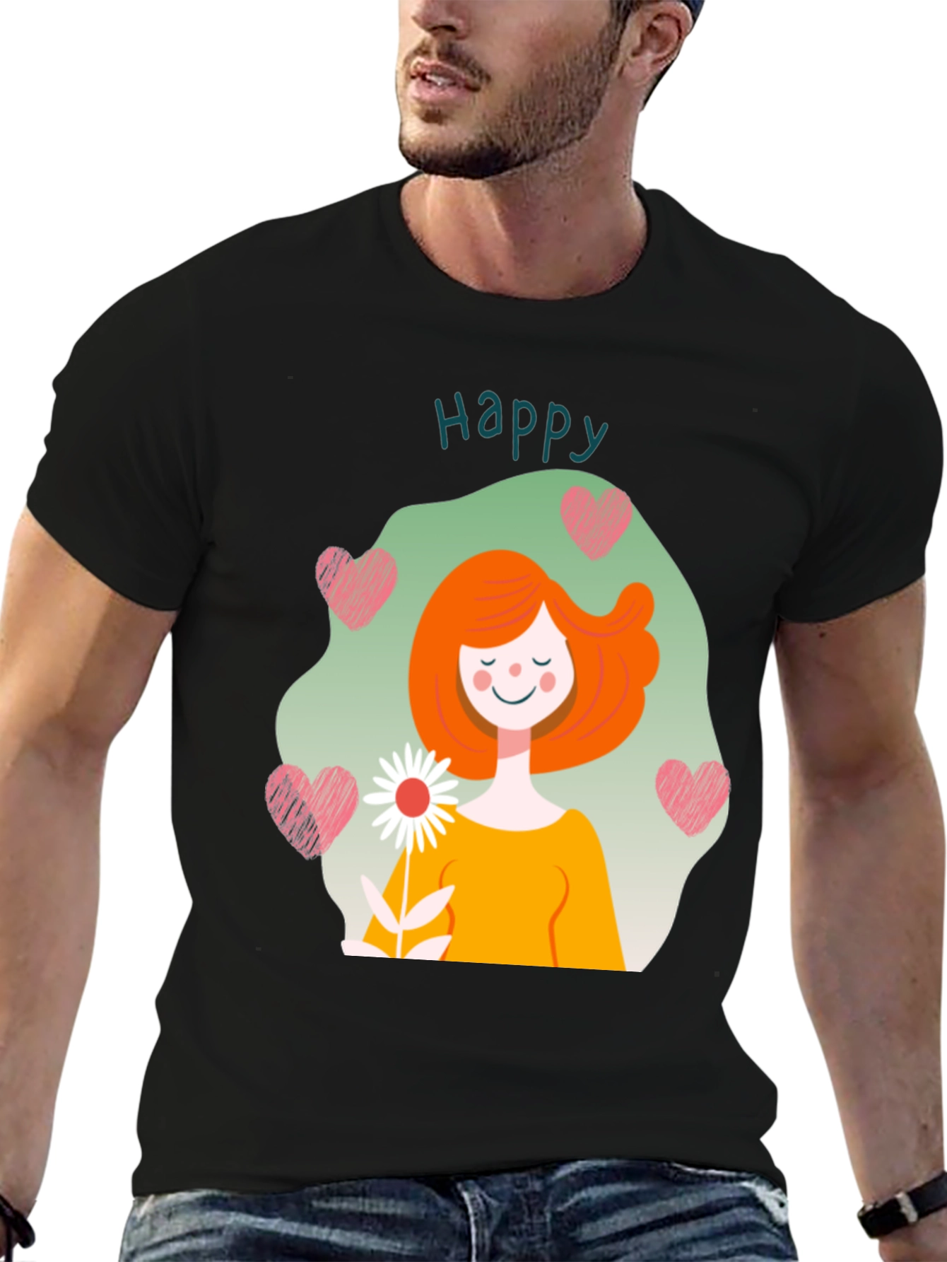 Black Happy Heart Graphic Tee - Men's Black T-Shirt view 6