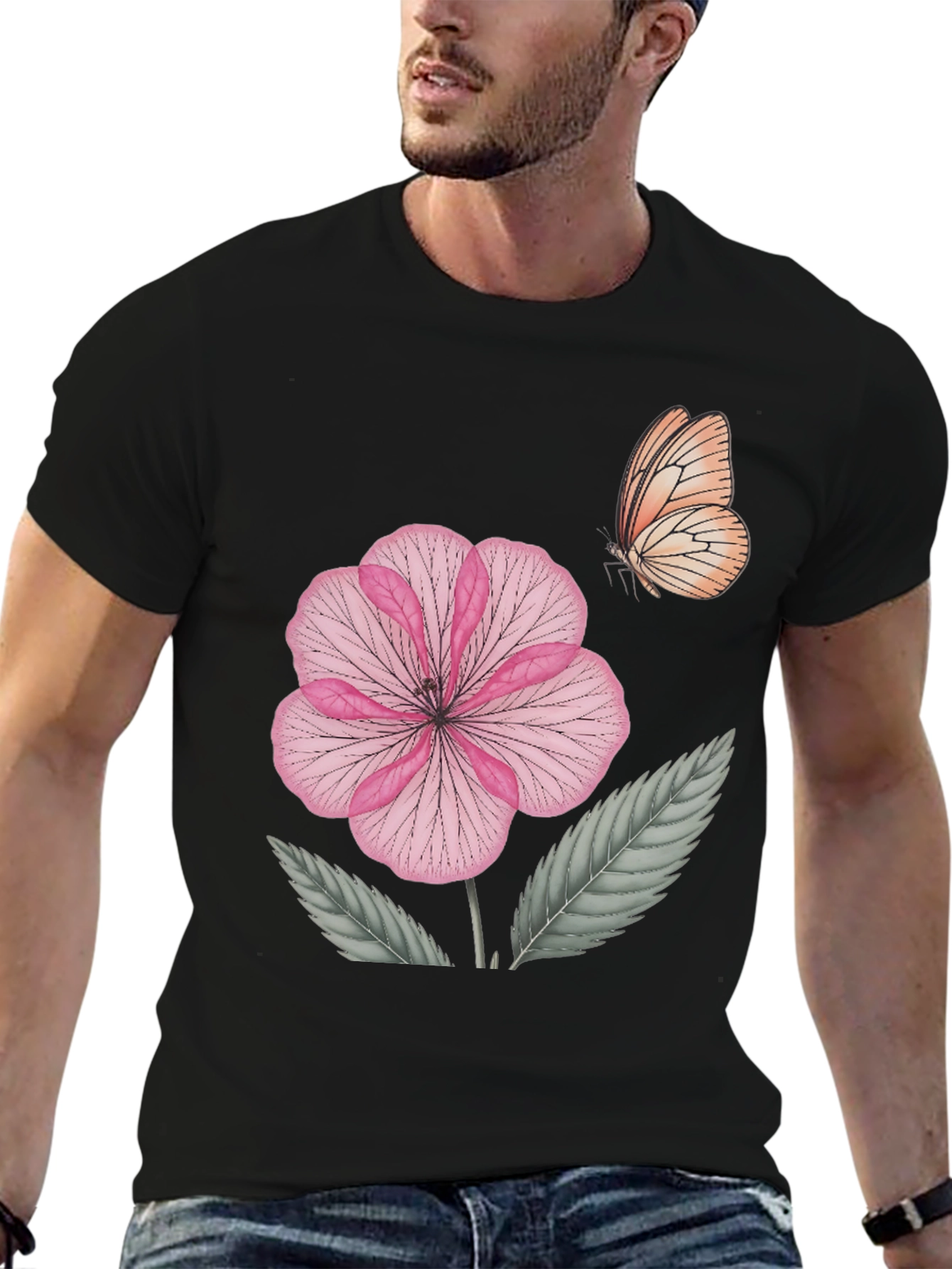 Black Floral Butterfly Print Black T-Shirt view 6