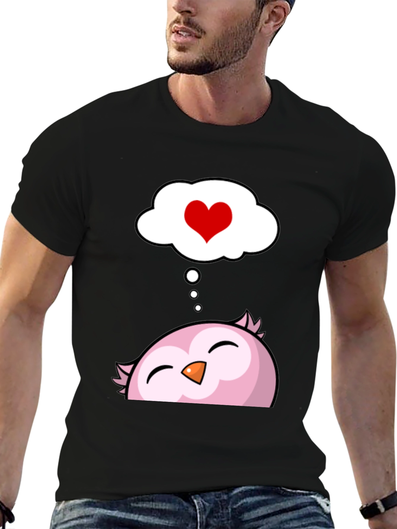 Black Cute Owl in Love Men's Black T-Shirt view 6