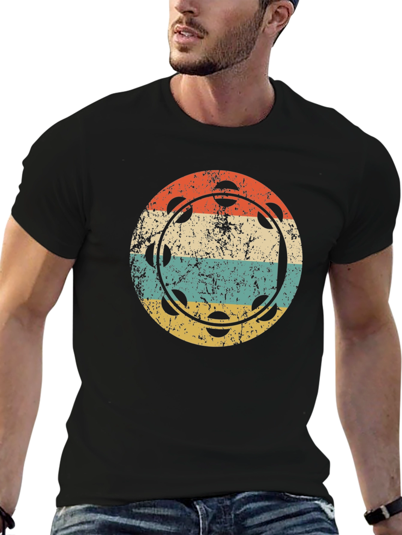 Black Retro Tambourine Music T-Shirt view 6