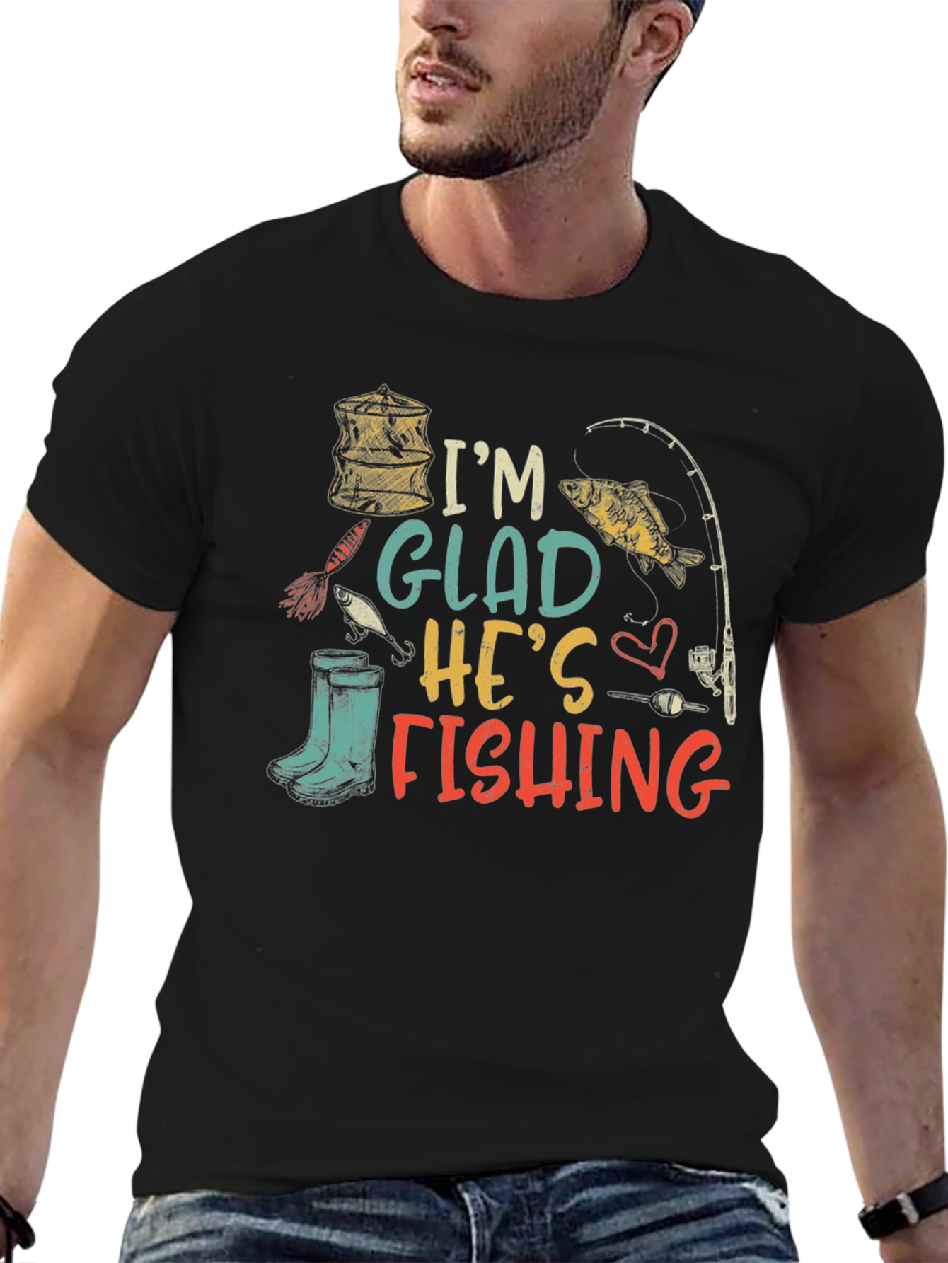 Black I'm Glad He's Fishing Graphic T-Shirt view 6