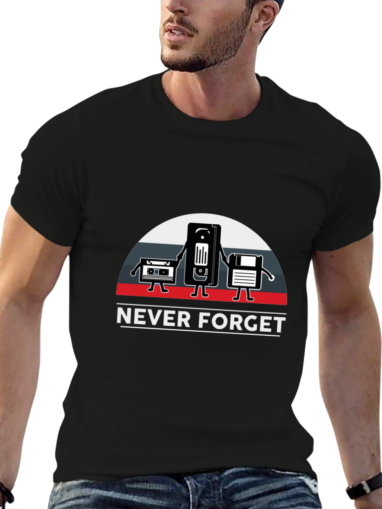 Black Retro Tech T-Shirt - 'Never Forget' Design view 6