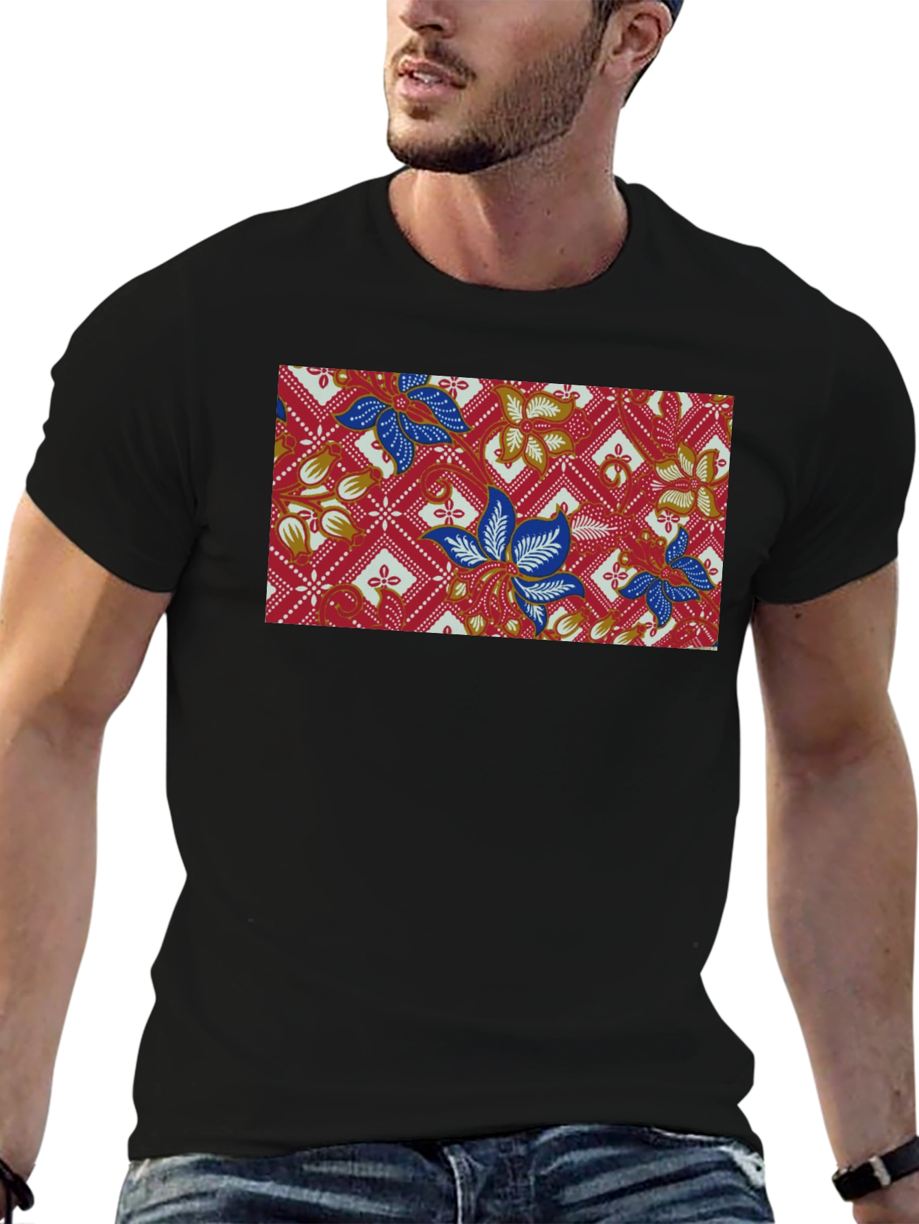 Black Batik Floral Pattern Black T-Shirt view 6