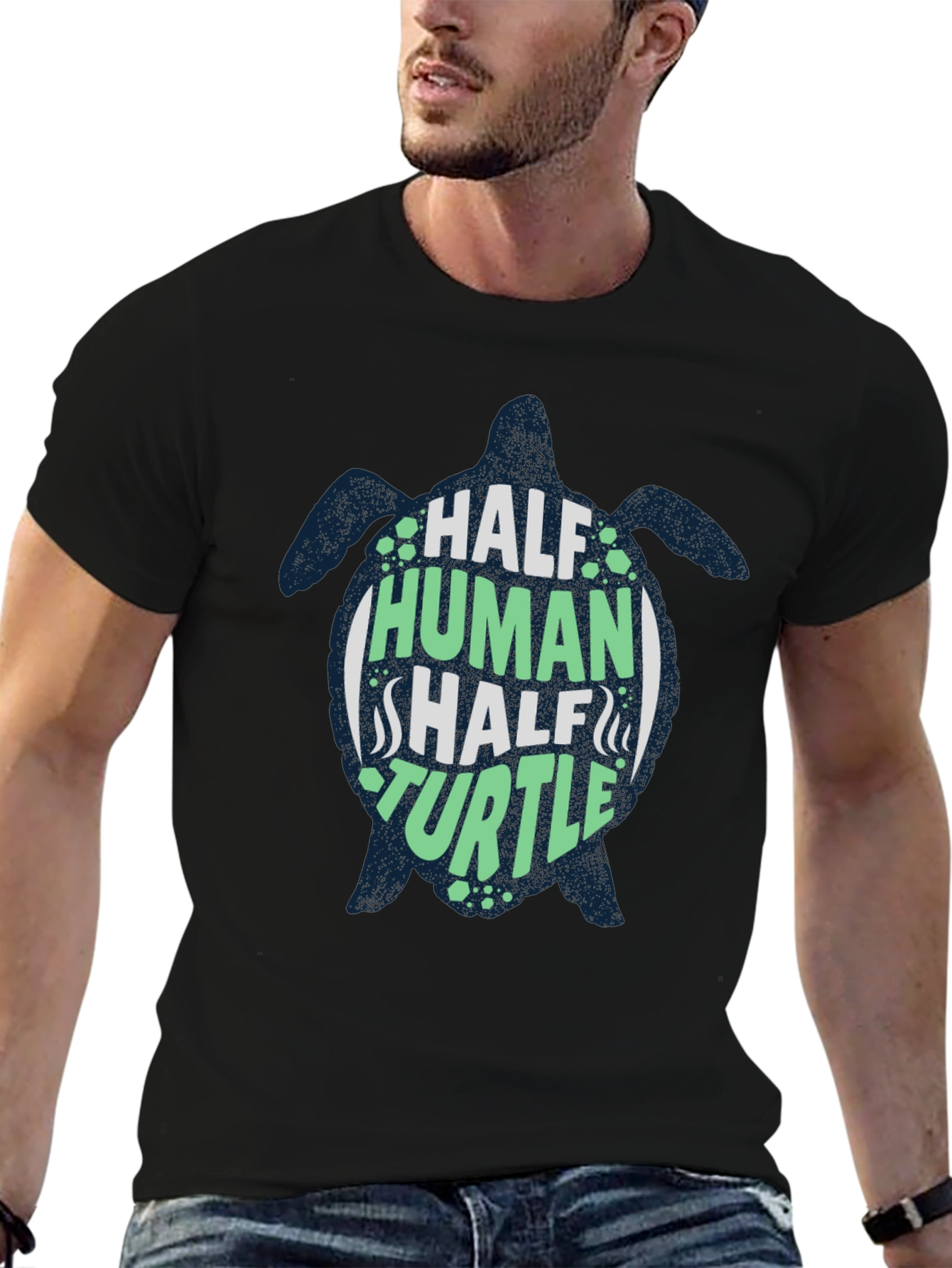 Black Half Human Half Turtle Black Graphic T-Shirt view 6
