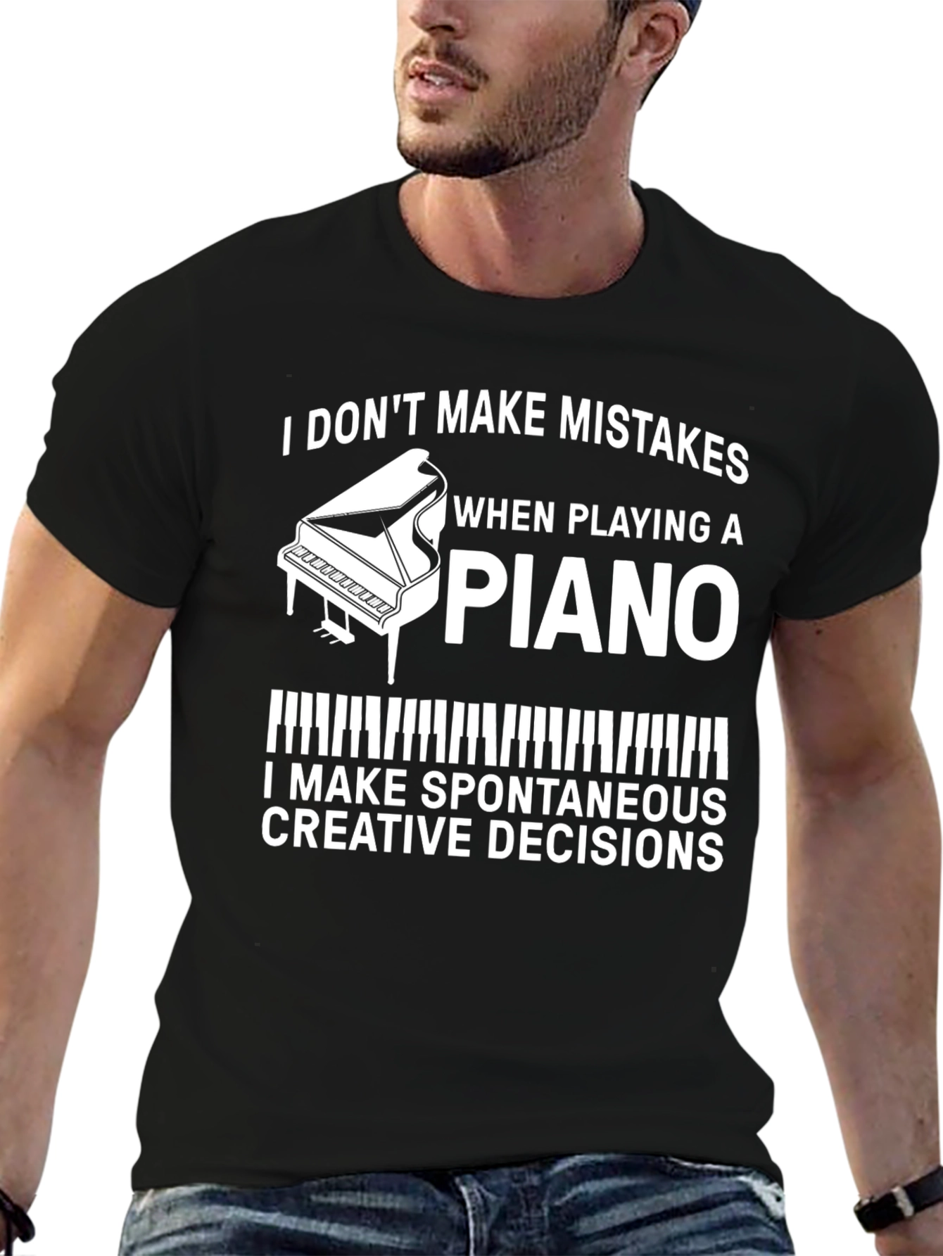 Black Funny Piano Player T-Shirt - Spontaneous Creative Decisions Tee view 6