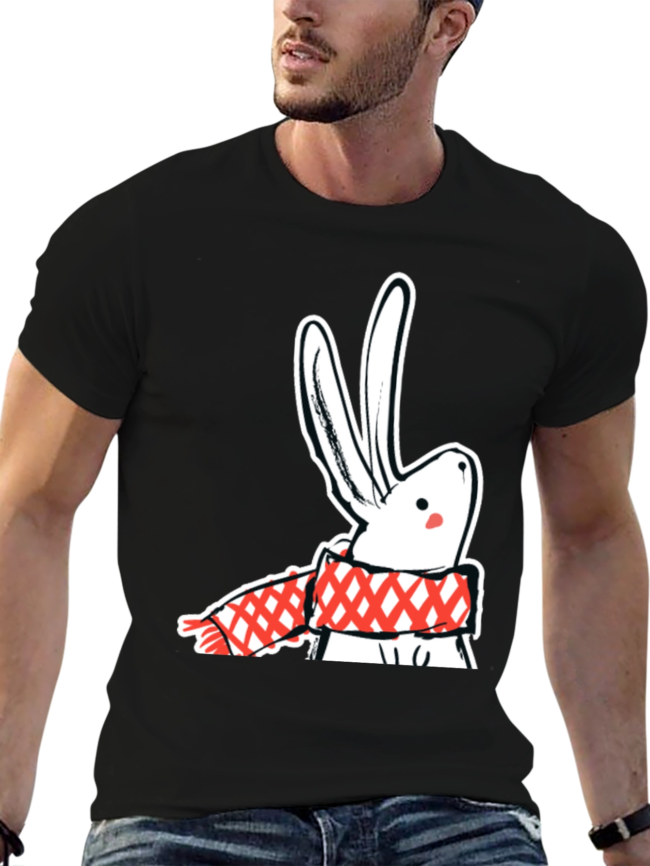 Black Black T-Shirt with Rabbit & Scarf Graphic view 6