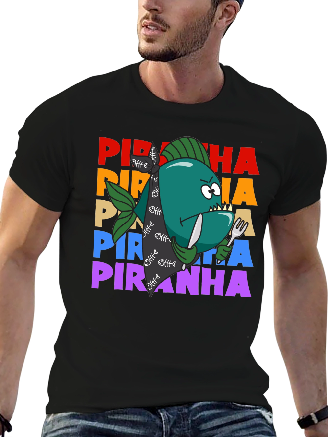 Black Piranha Graphic T-Shirt - Funny Fish Design view 6