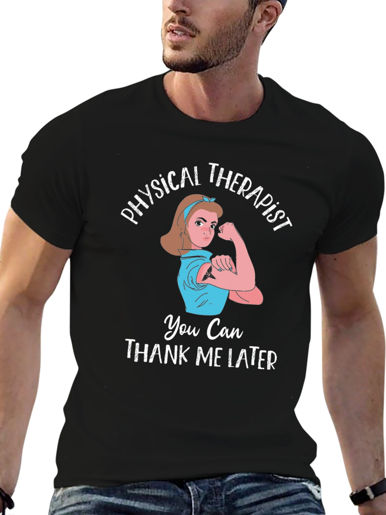Black Physical Therapist T-Shirt | Rosie the Riveter Design view 6