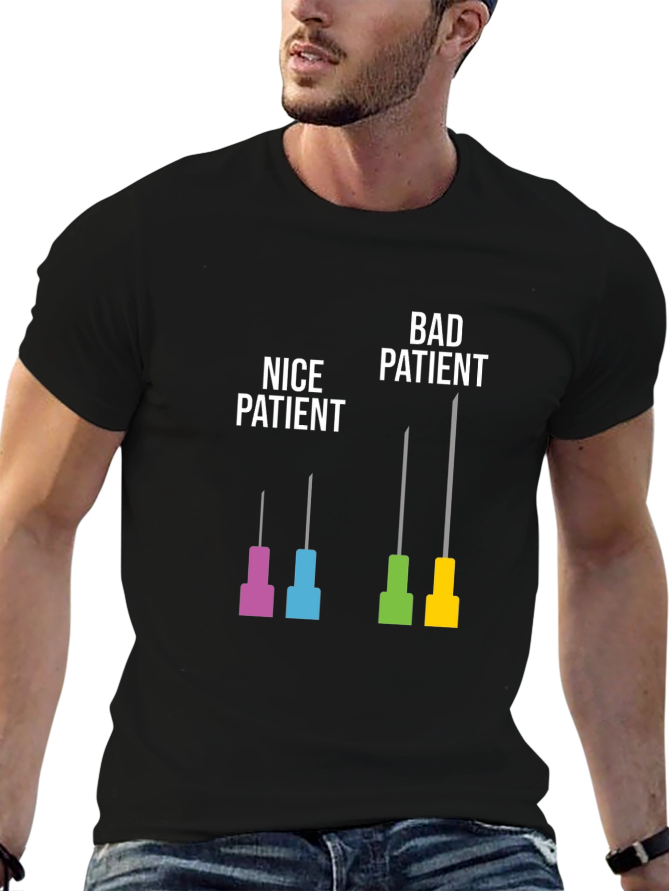 Black Funny Medical Humor T-Shirt: Nice vs. Bad Patient Needle Design view 6