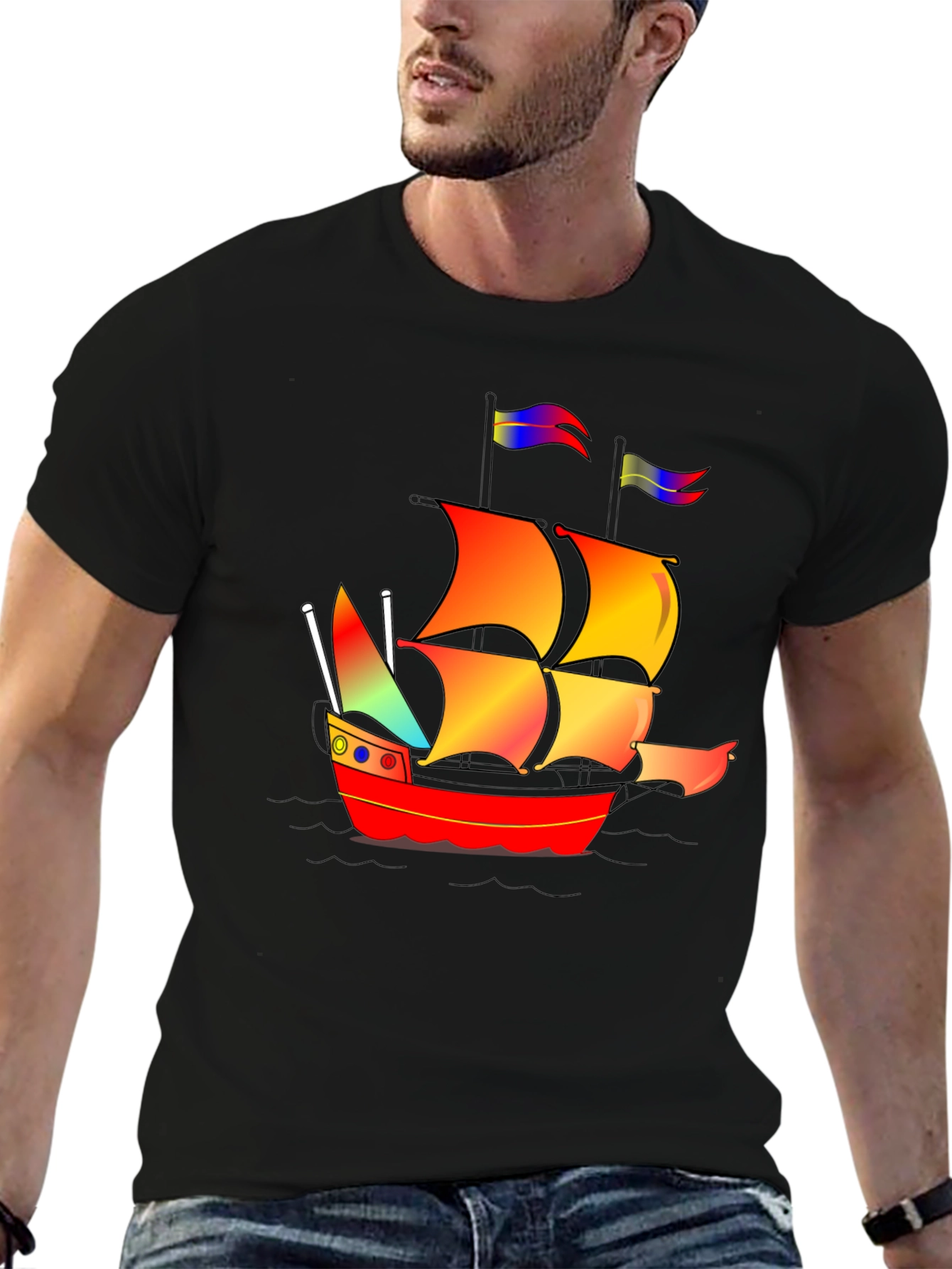 Black Colorful Pirate Ship Graphic Tee view 6