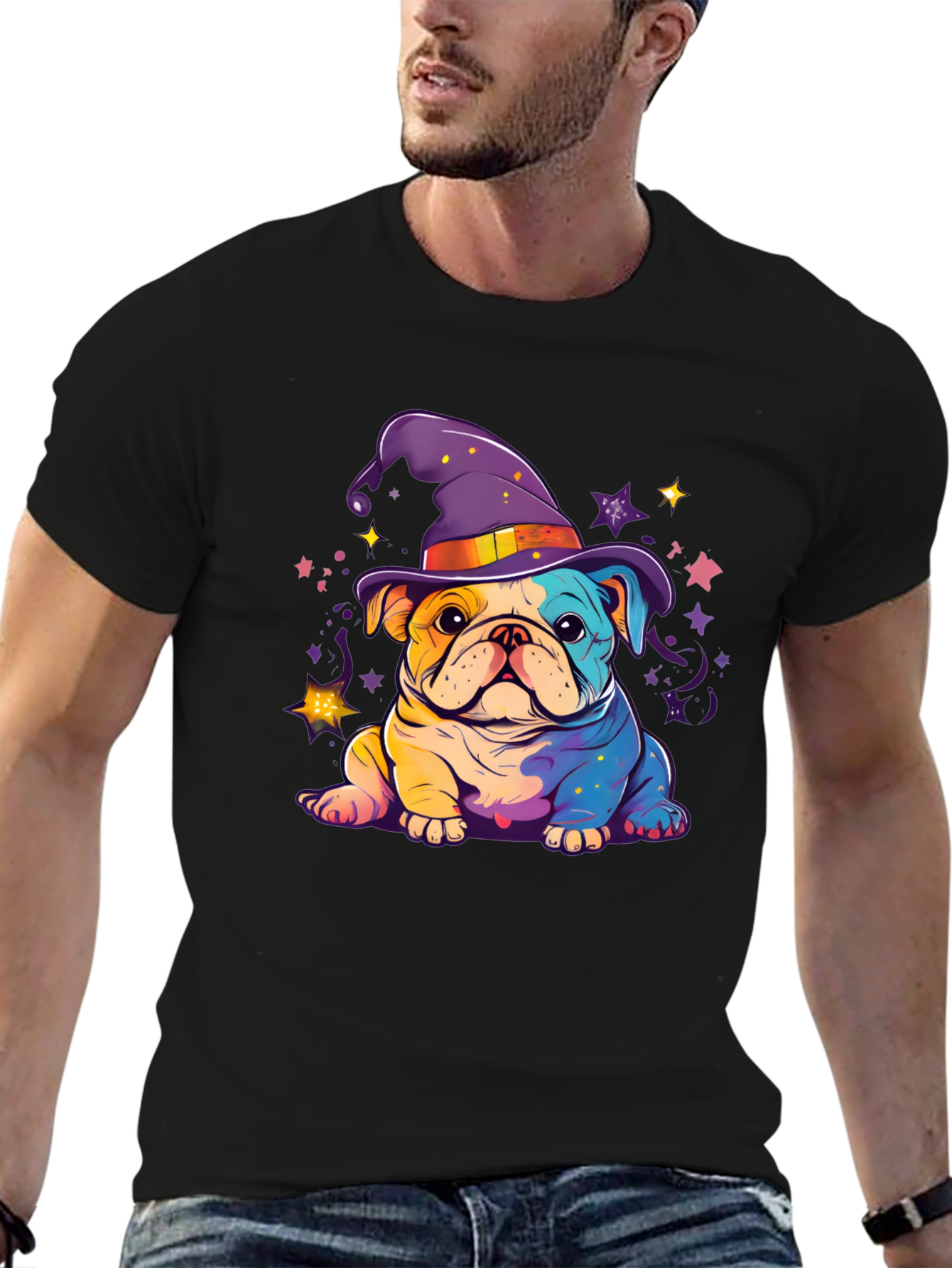 Black Bulldog Witch Hat T-Shirt view 6