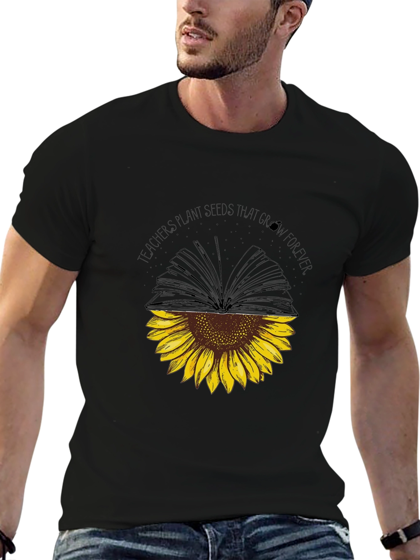 Black Teacher's Plant Seeds Sunflower Book T-Shirt view 6