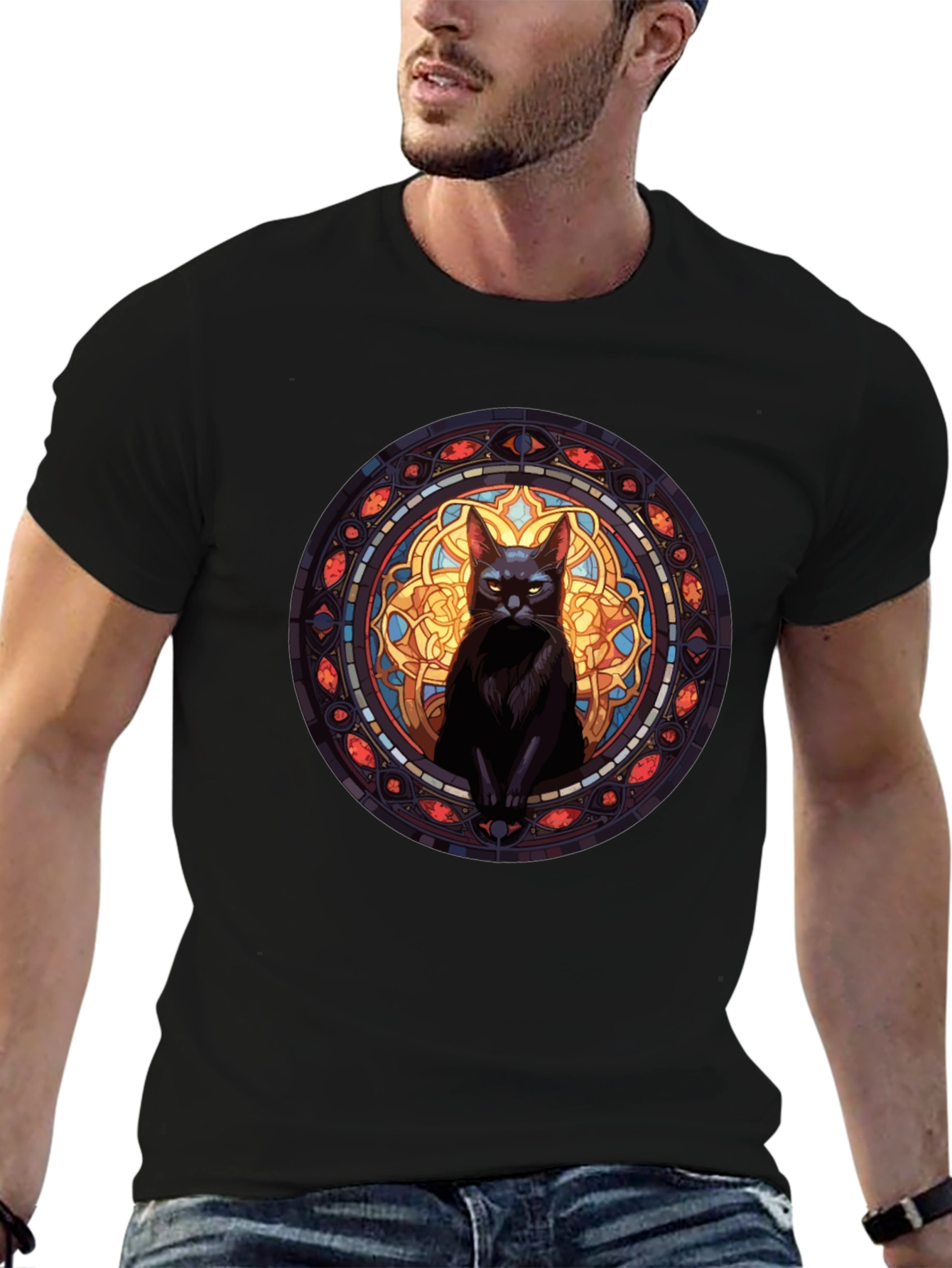Black Stained Glass Cat Graphic Tee view 6
