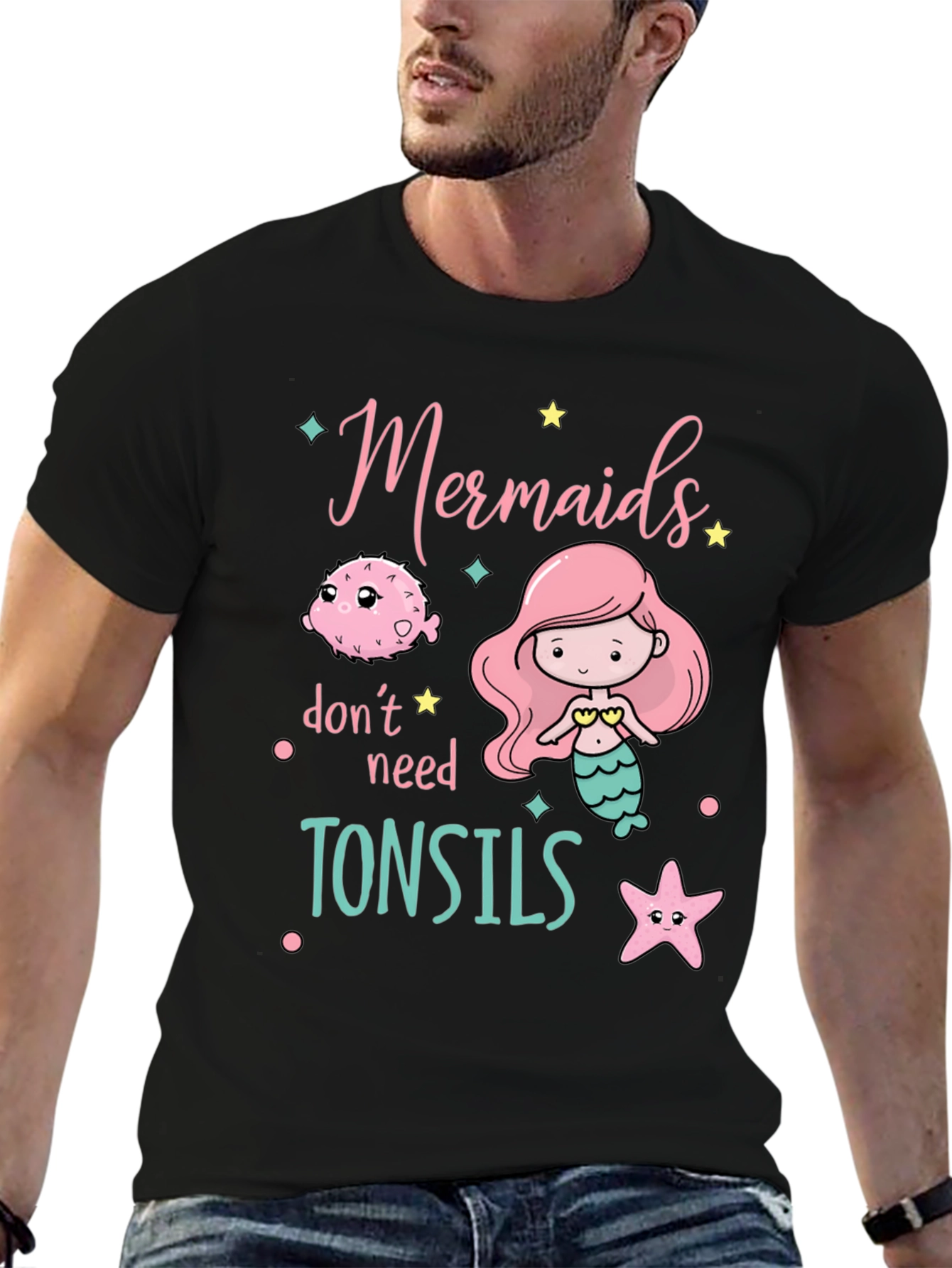 Black Mermaids Don't Need Tonsils Funny T-Shirt view 6