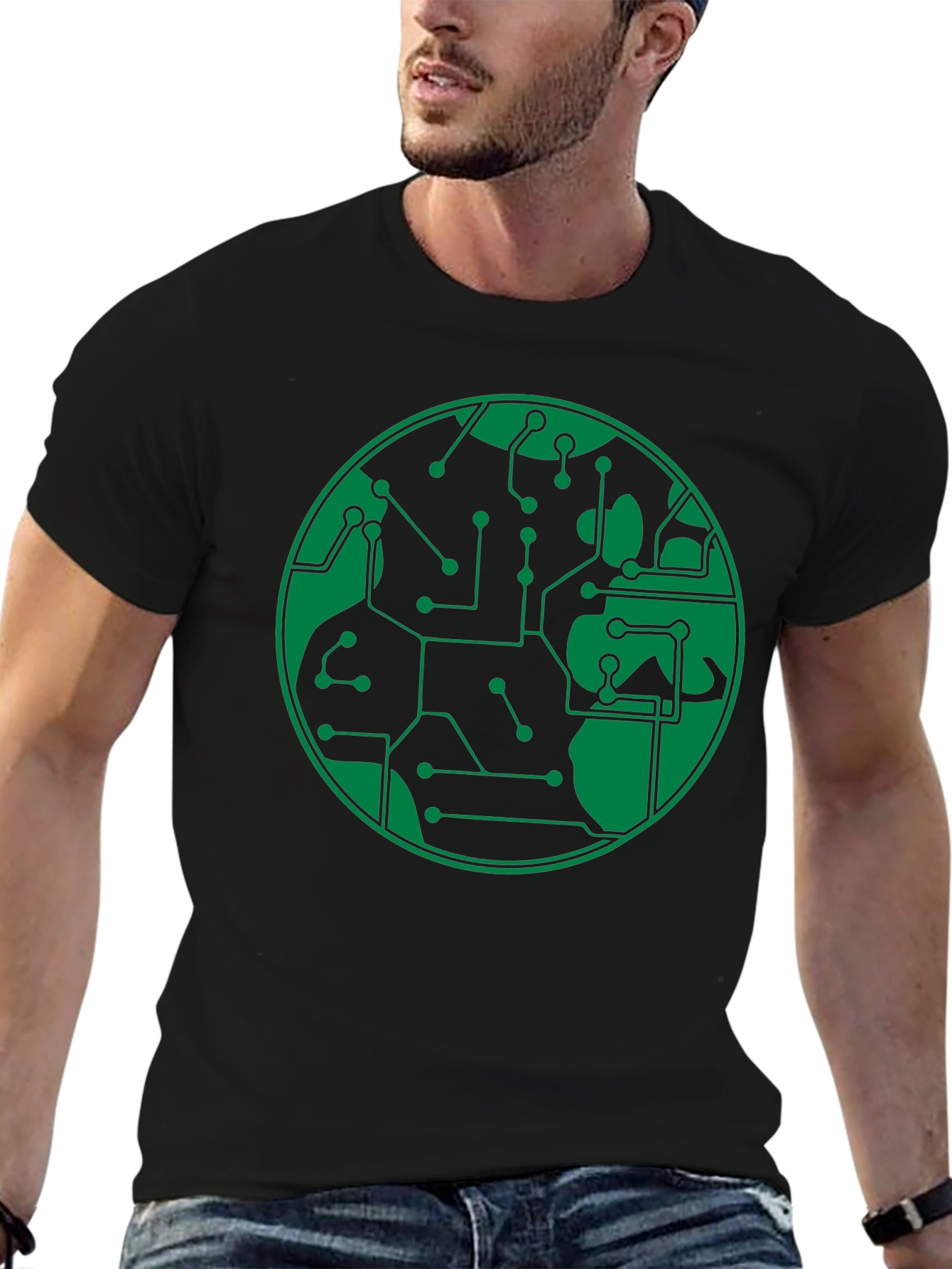 Black Circuit Board Earth Graphic T-Shirt - Black view 6