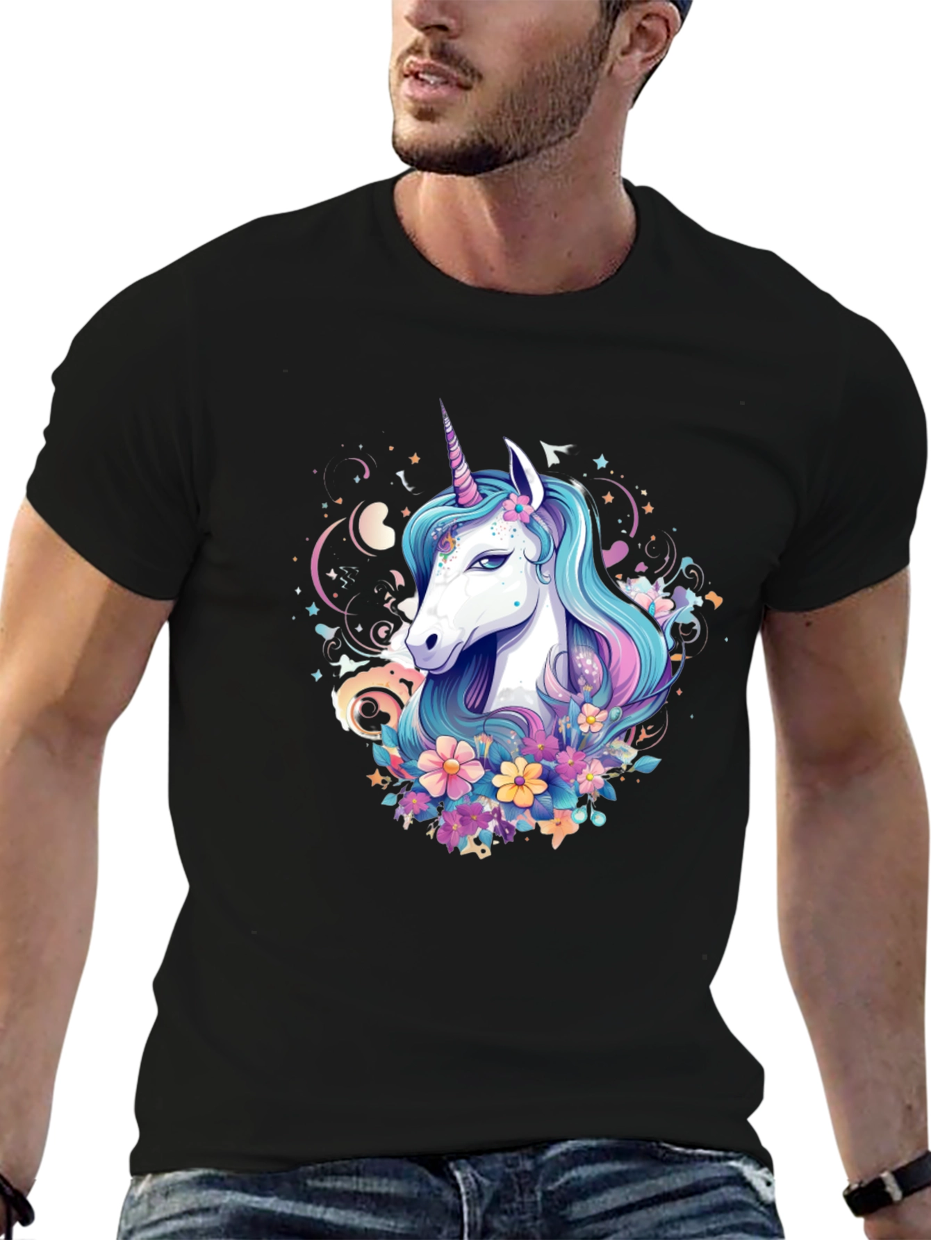 Black Unicorn Floral Graphic Tee - Black Cotton Blend view 6