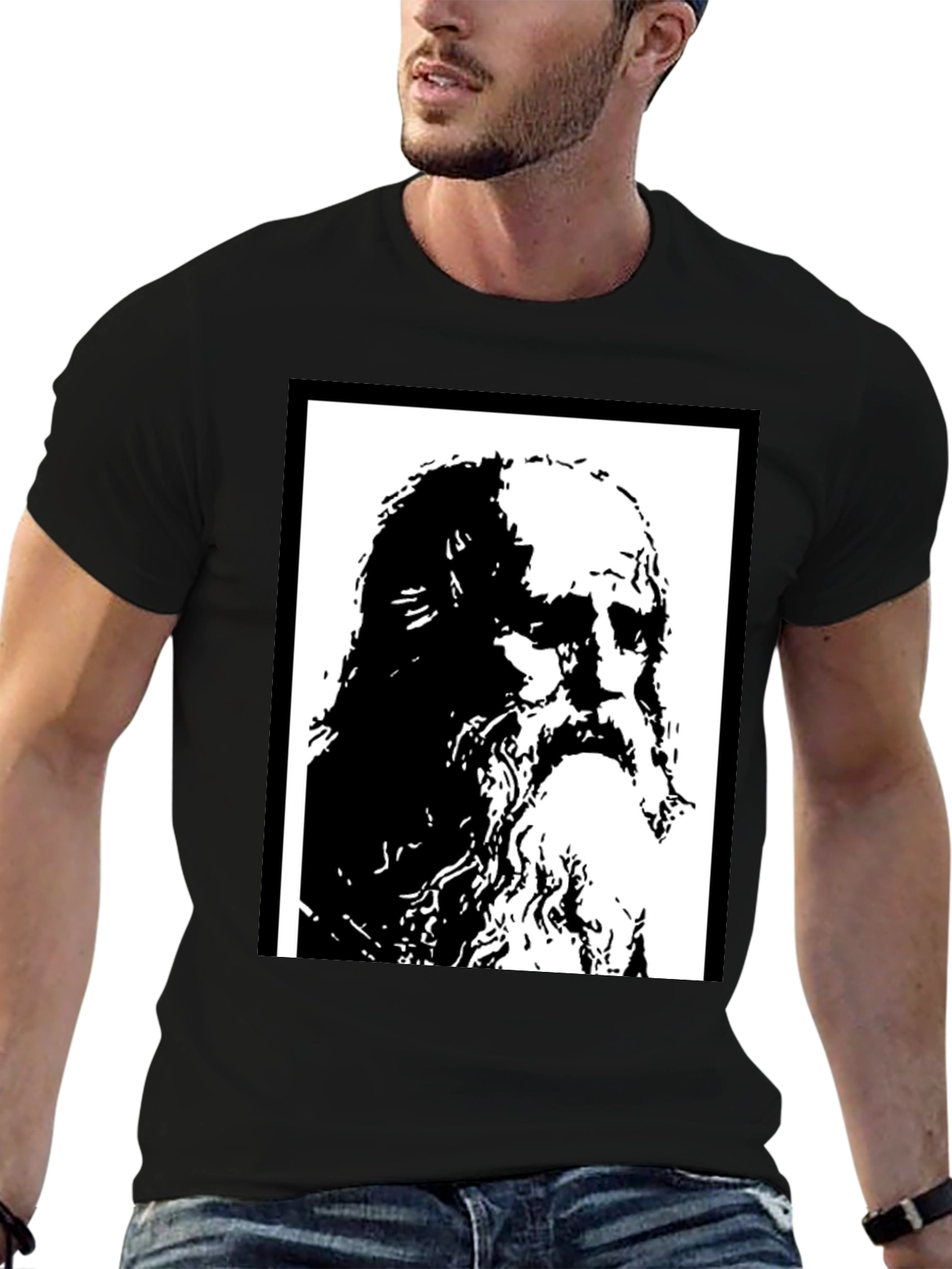 Black Black T-Shirt with Artistic Portrait Print view 6