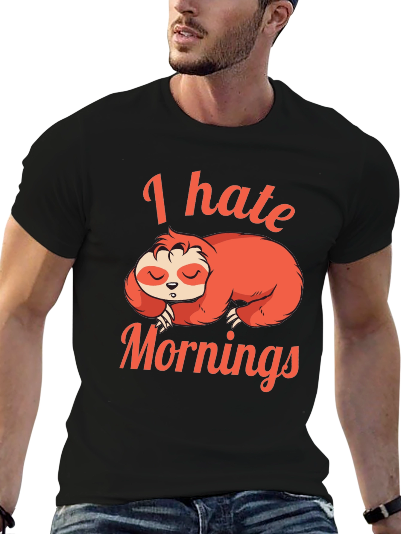 Black I Hate Mornings Sloth Graphic T-Shirt view 6