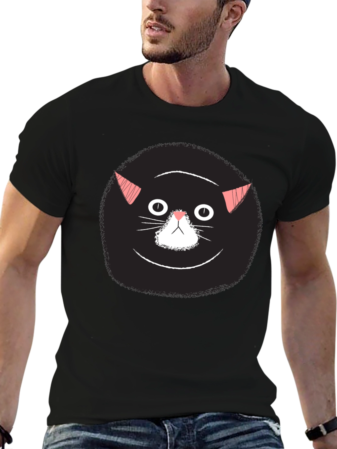 Black Funny Black Cat Face Graphic T-Shirt view 6