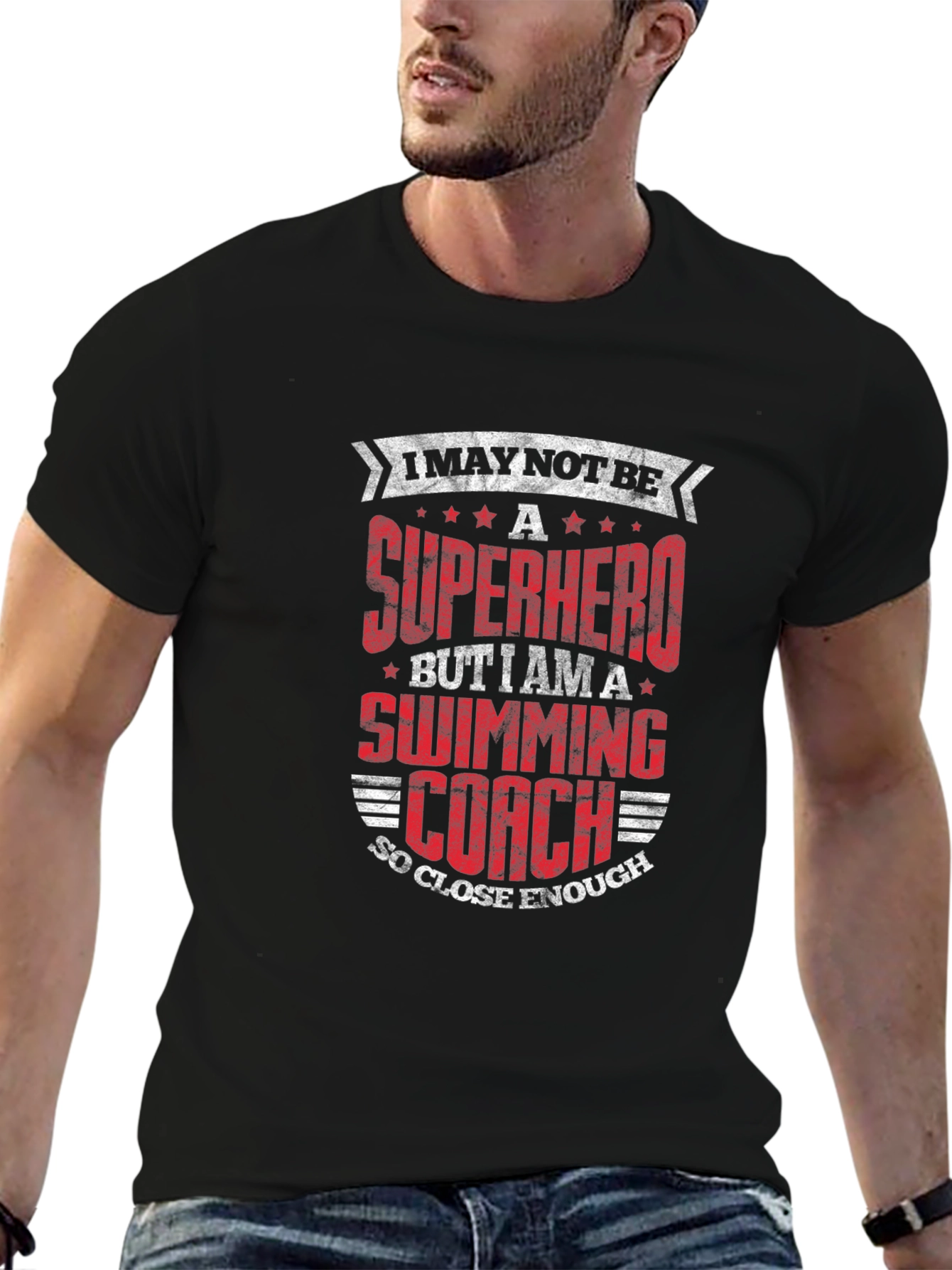 Black Superhero Swimming Coach Black T-Shirt view 6