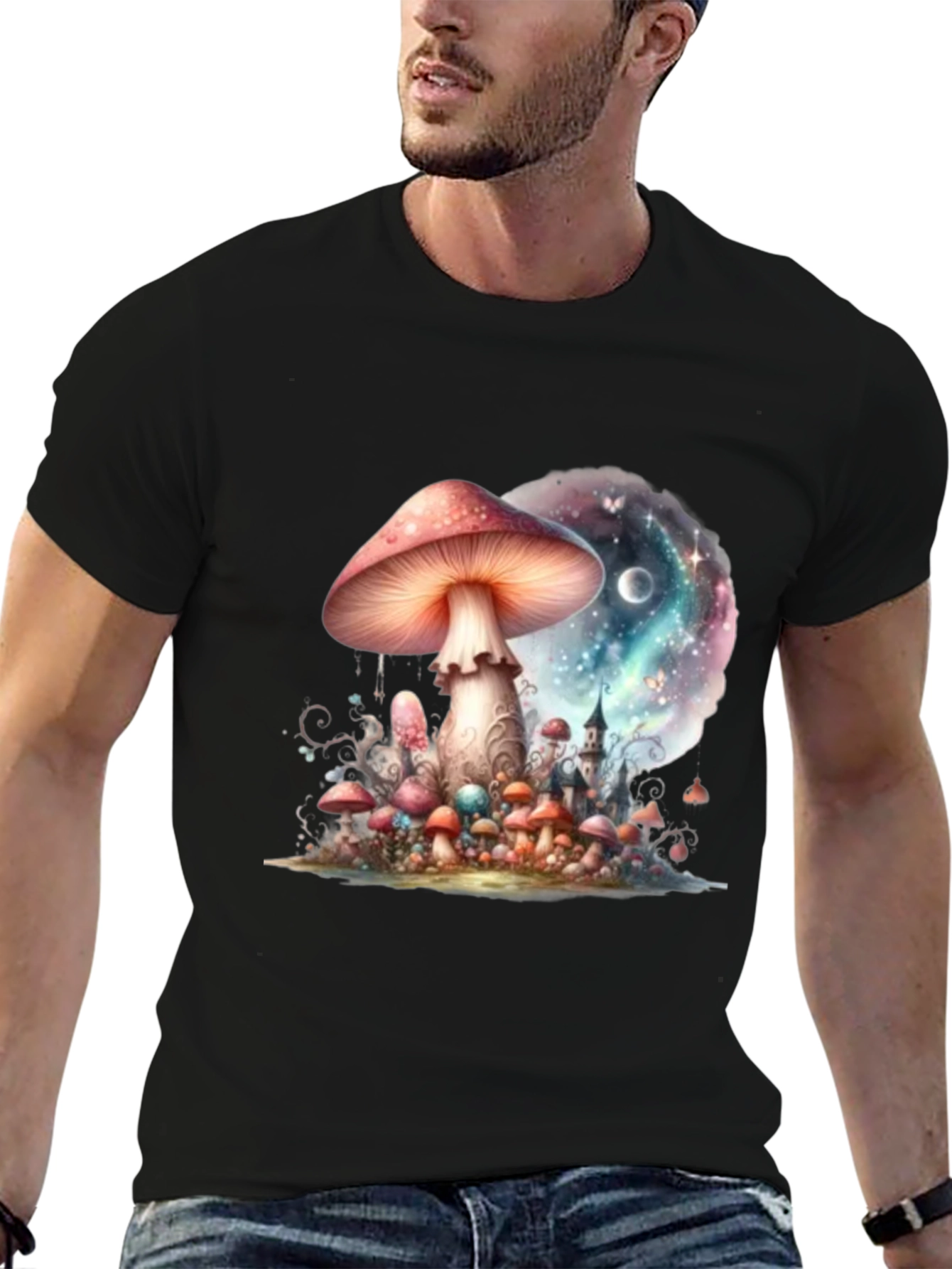 Black Mushroom Galaxy Graphic Tee - Fantasy Design view 6