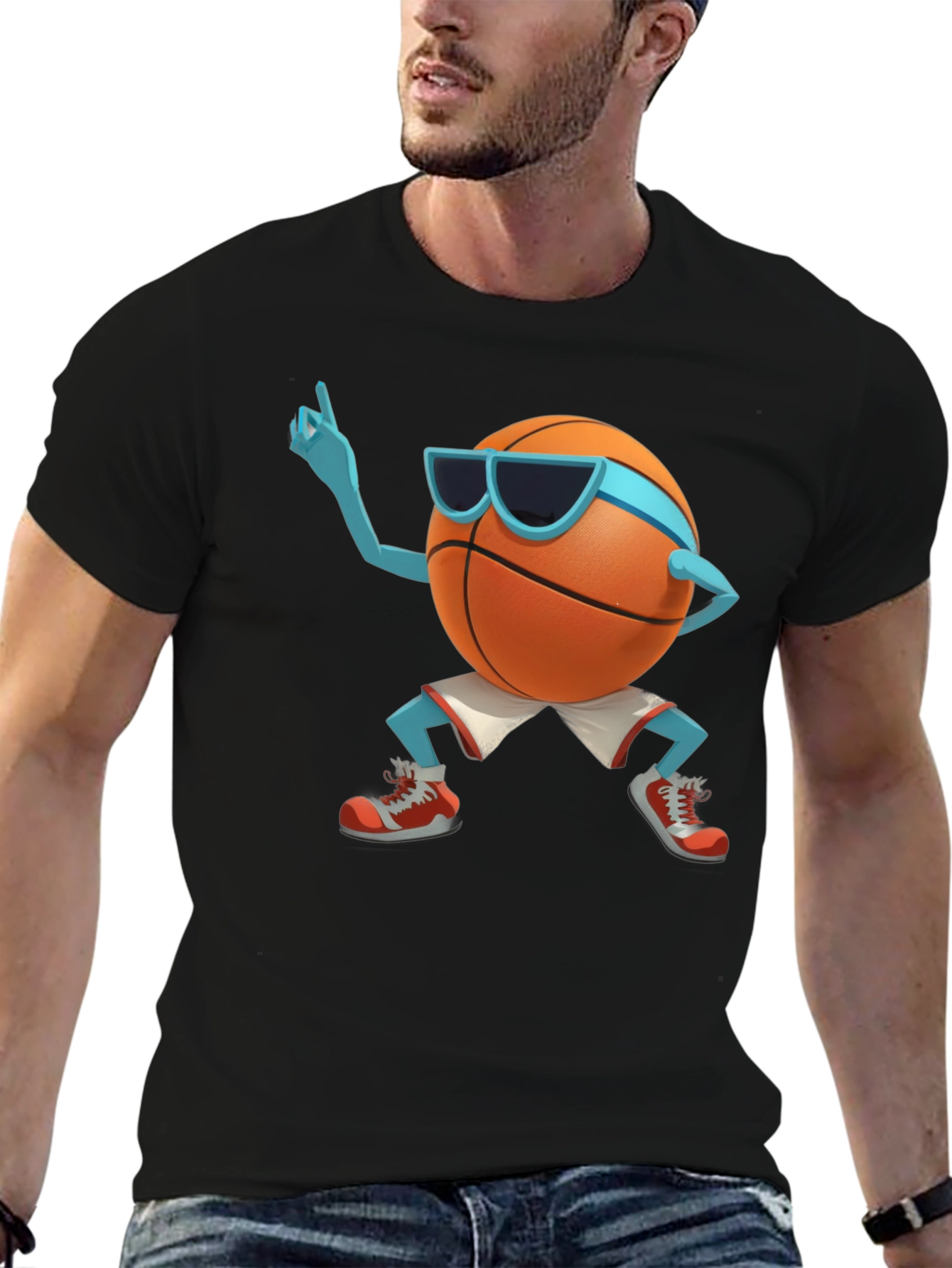Black Cool Basketball Cartoon Graphic Black T-Shirt view 6