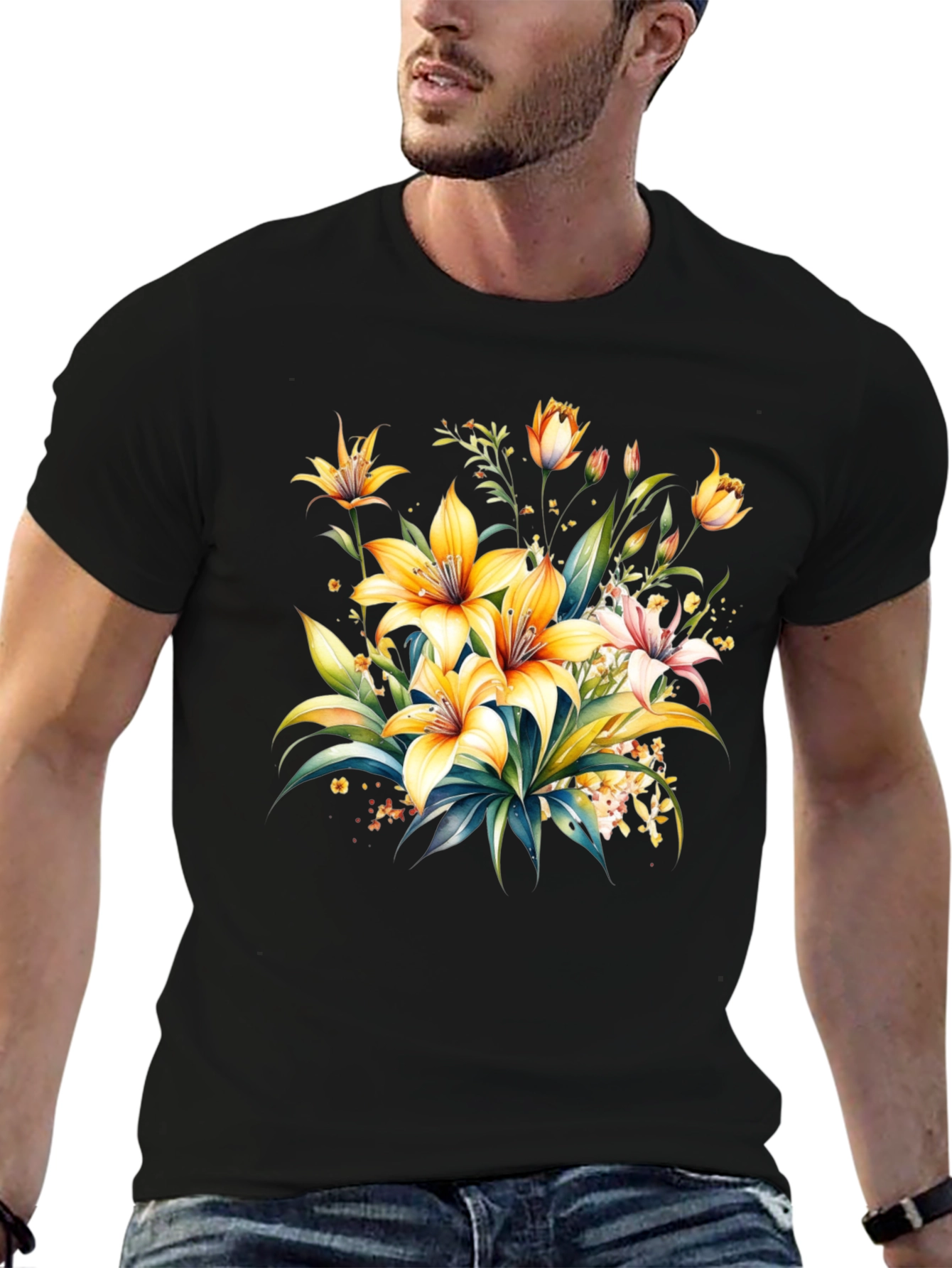 Black Floral Lily Graphic Tee - Black Cotton T-Shirt view 6