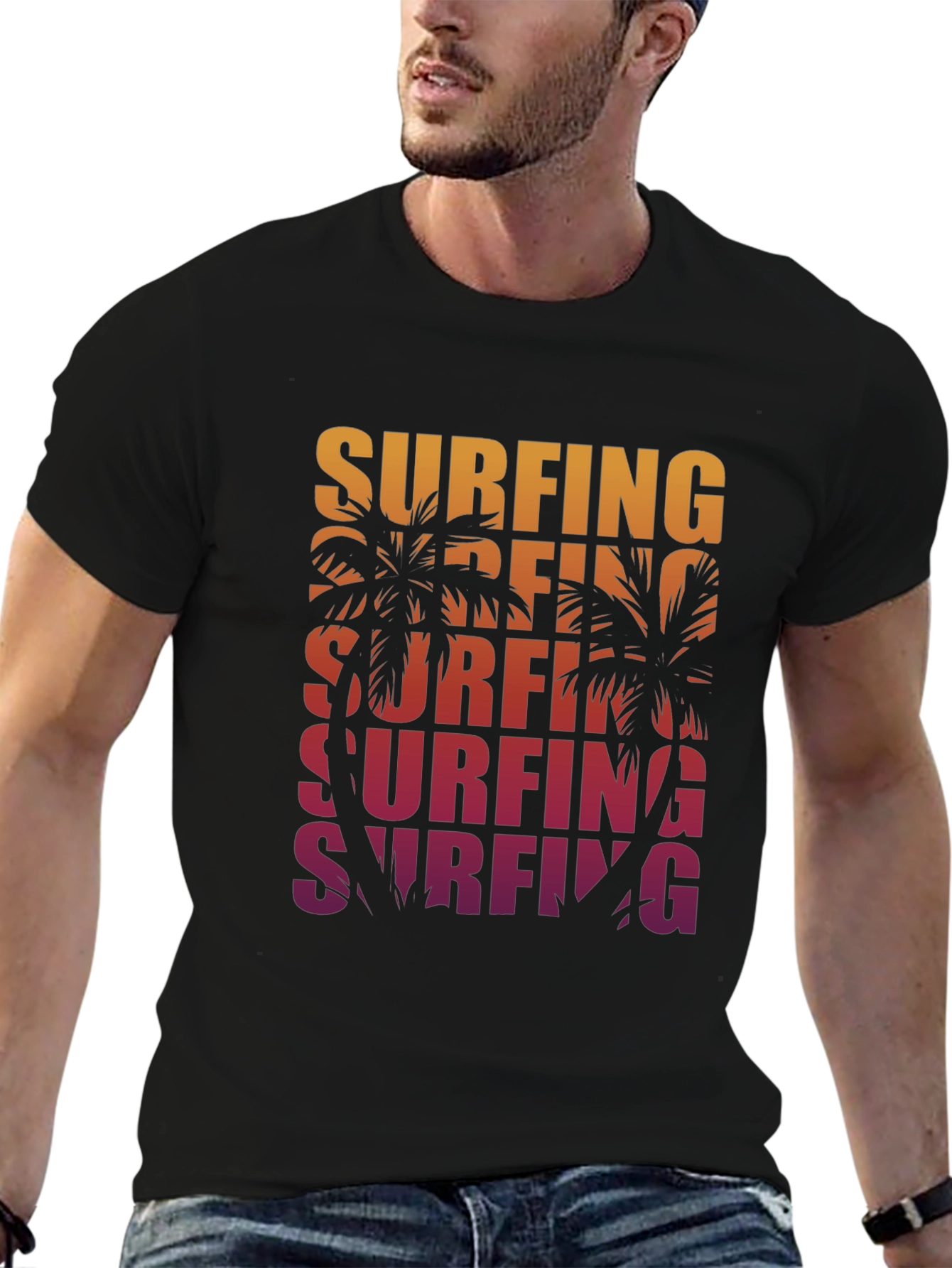 Black Surfing Palm Tree Graphic Tee - Retro Style view 6