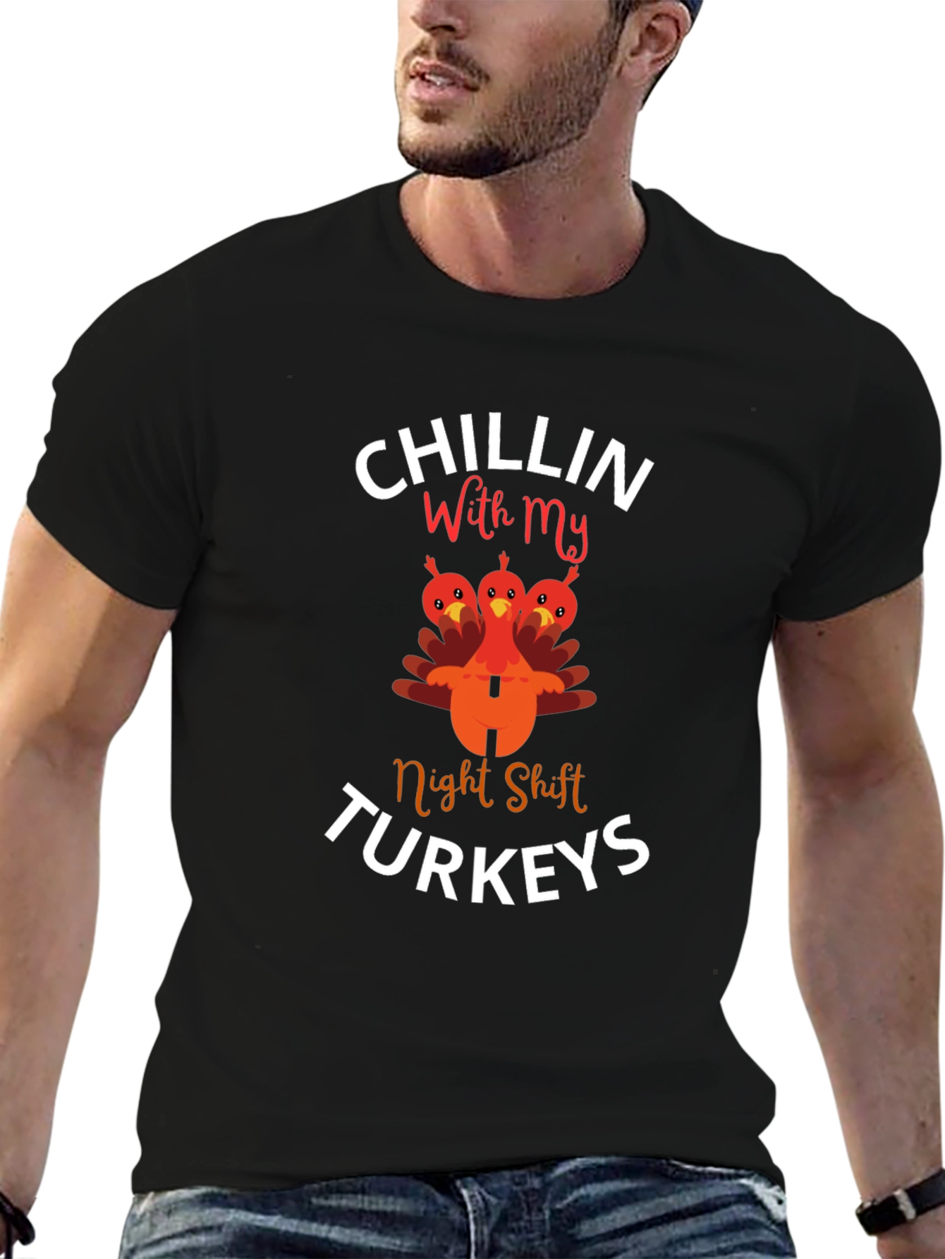 Black Chillin' With My Night Shift Turkeys Black T-Shirt view 6