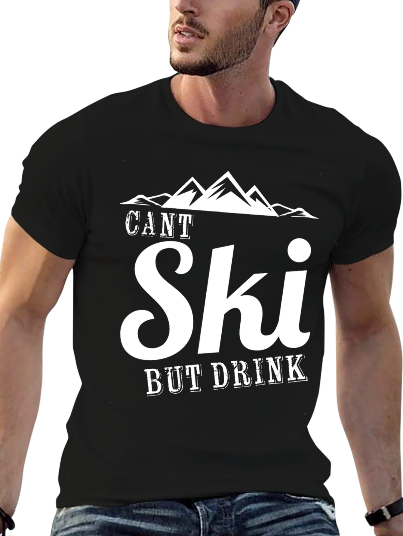 Black Funny Skiing T-Shirt - Can't Ski But Drink Tee view 6