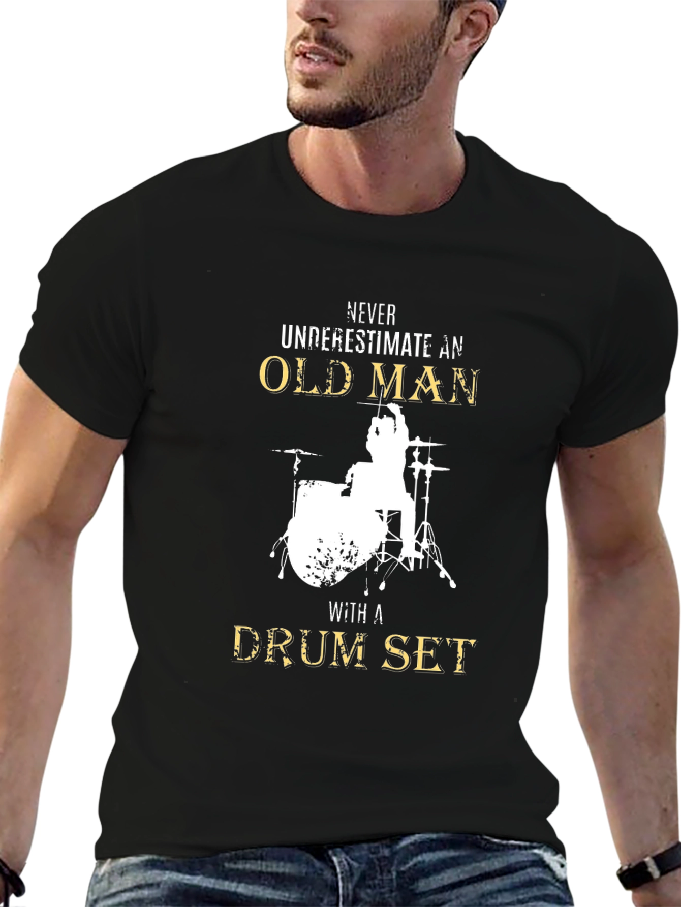 Black Old Man Drum Set T-Shirt - Black Graphic Tee view 6