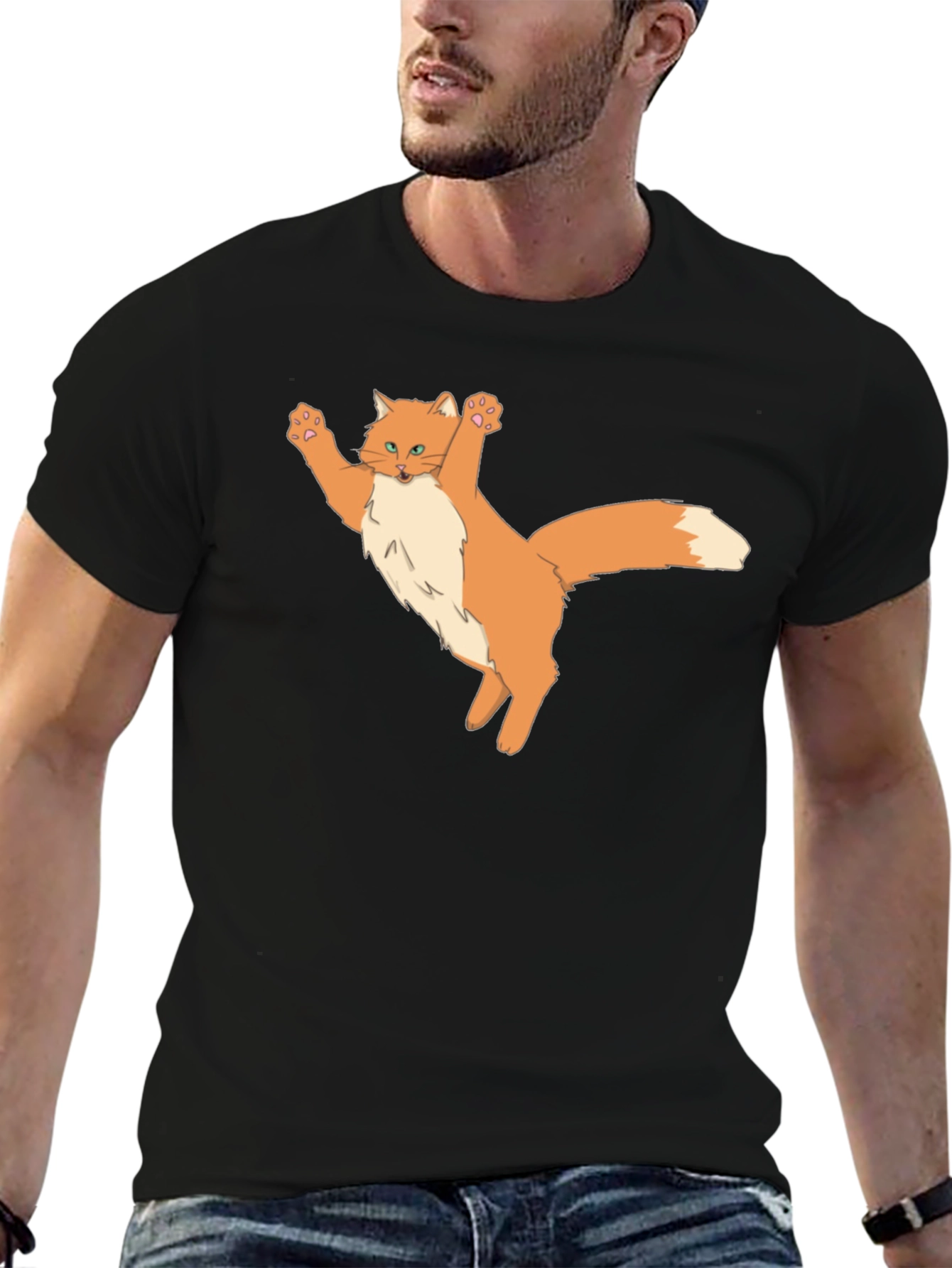 Black Black T-Shirt with Cartoon Cat Design view 6