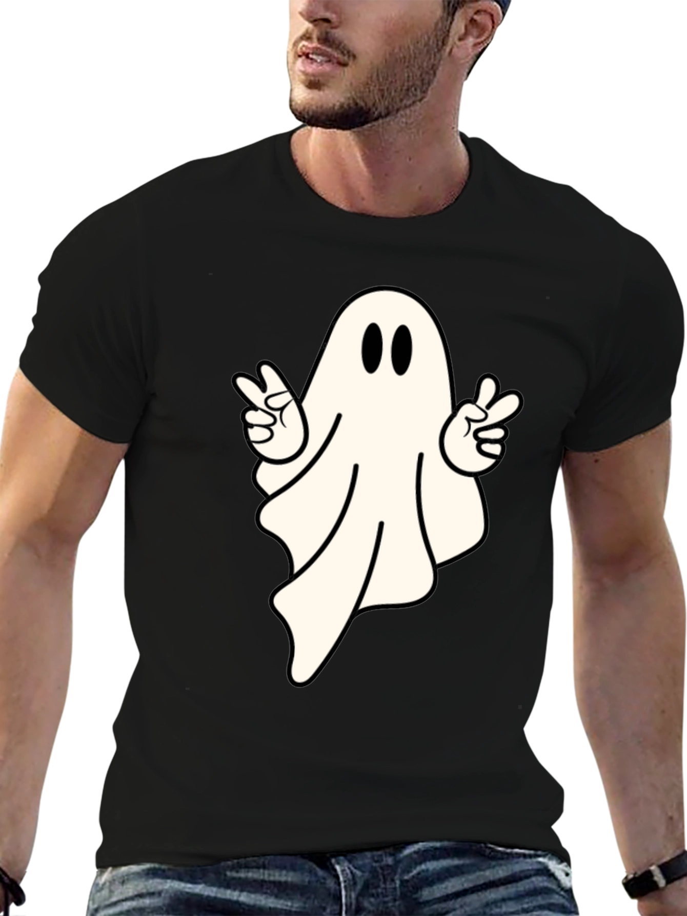 Black Cool Ghost Peace Sign T-Shirt - Spooky Season Apparel view 6