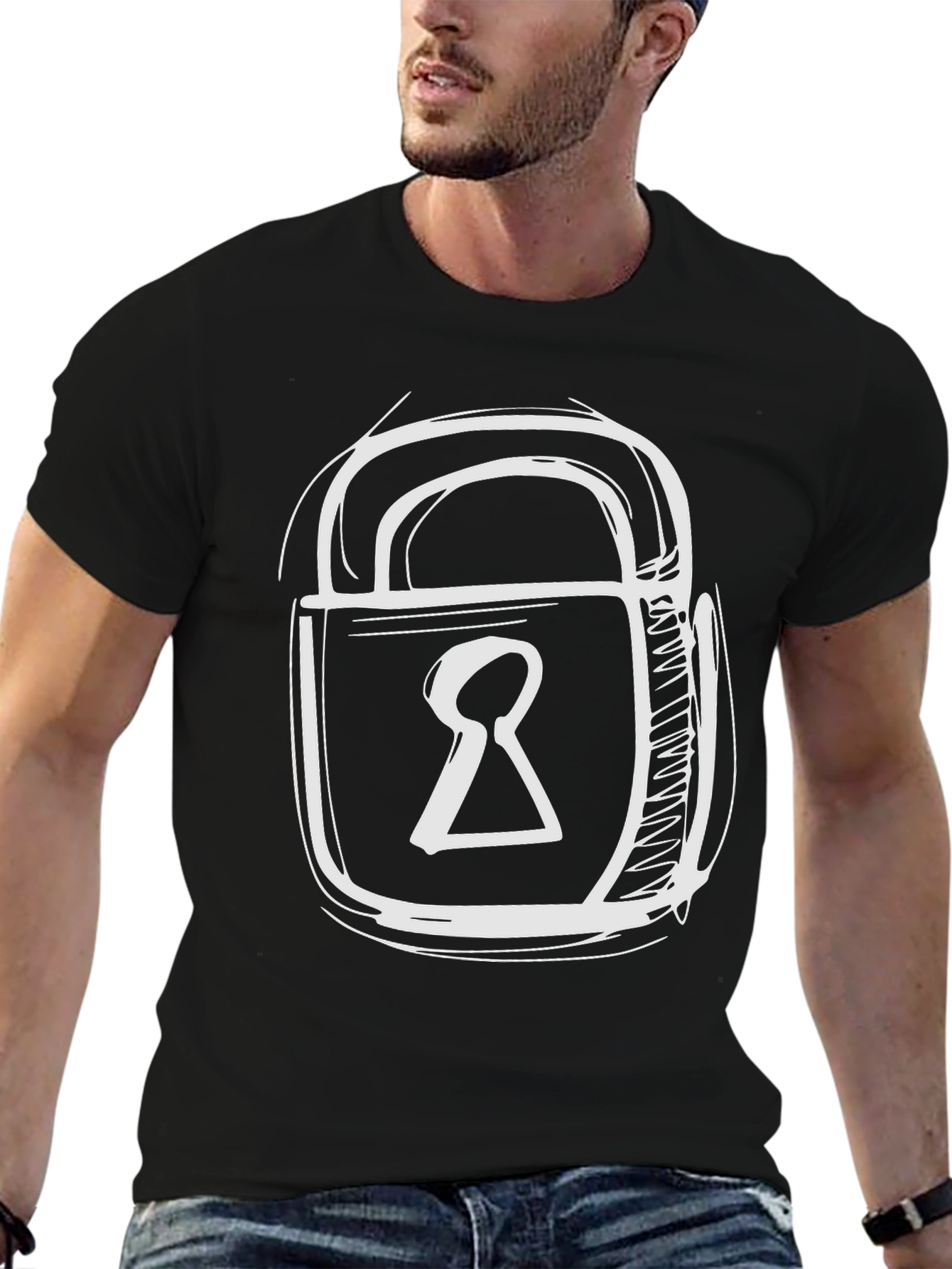 Black Black T-Shirt with Padlock Graphic Print view 6
