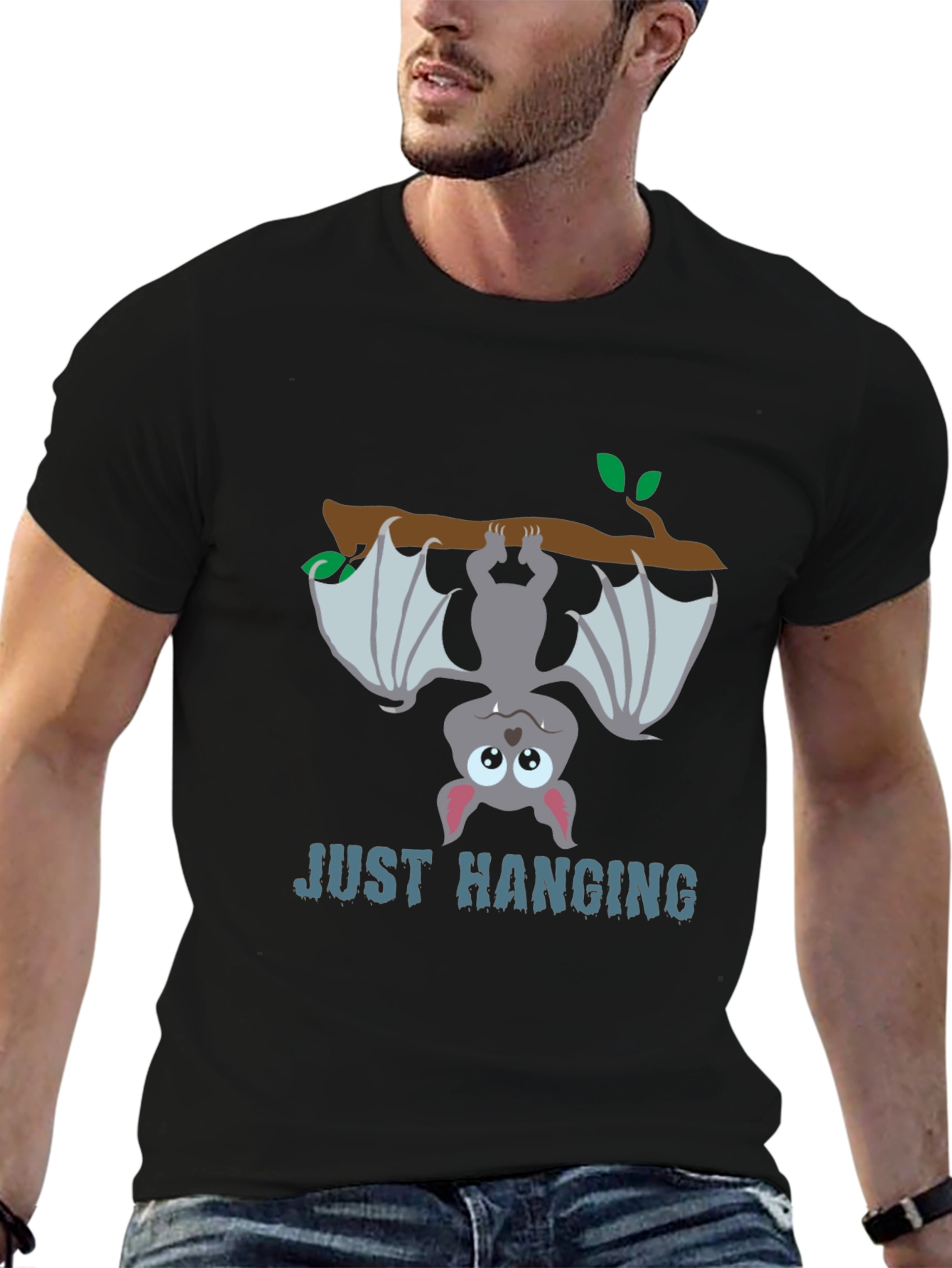 Black Just Hanging Bat Graphic Tee - Black Cotton T-Shirt view 6