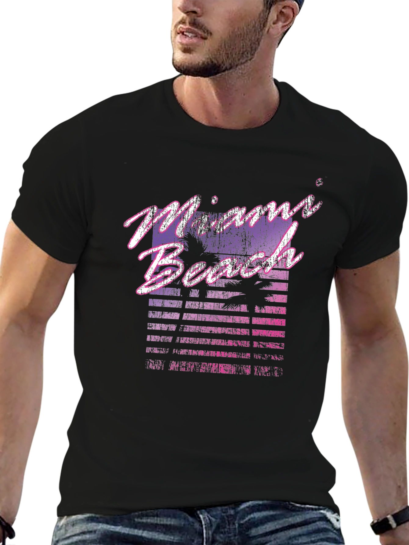 Black Miami Beach Retro Graphic Black T-Shirt view 6