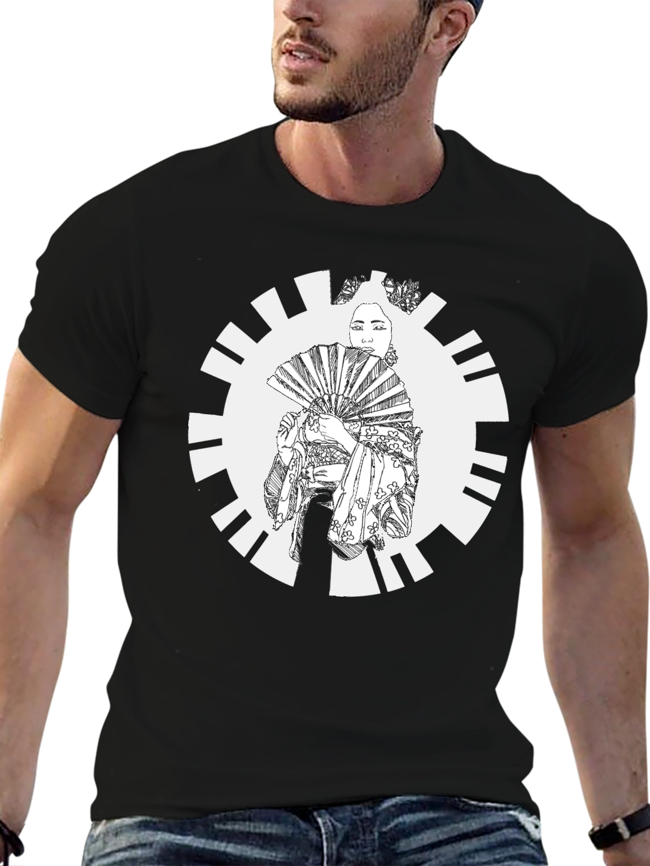 Black Geisha Fan Graphic Tee - Black Cotton Casual Wear view 6