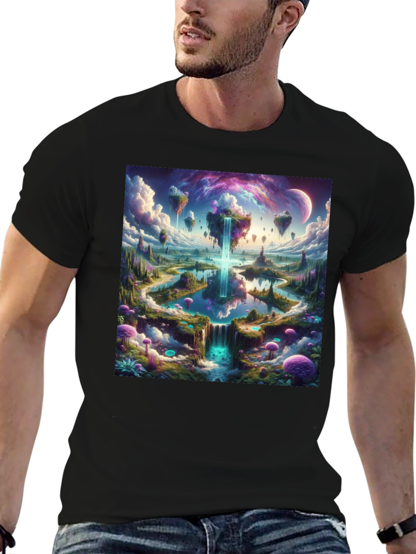 Black Fantasy Landscape Graphic Tee - Black Cotton Blend view 6