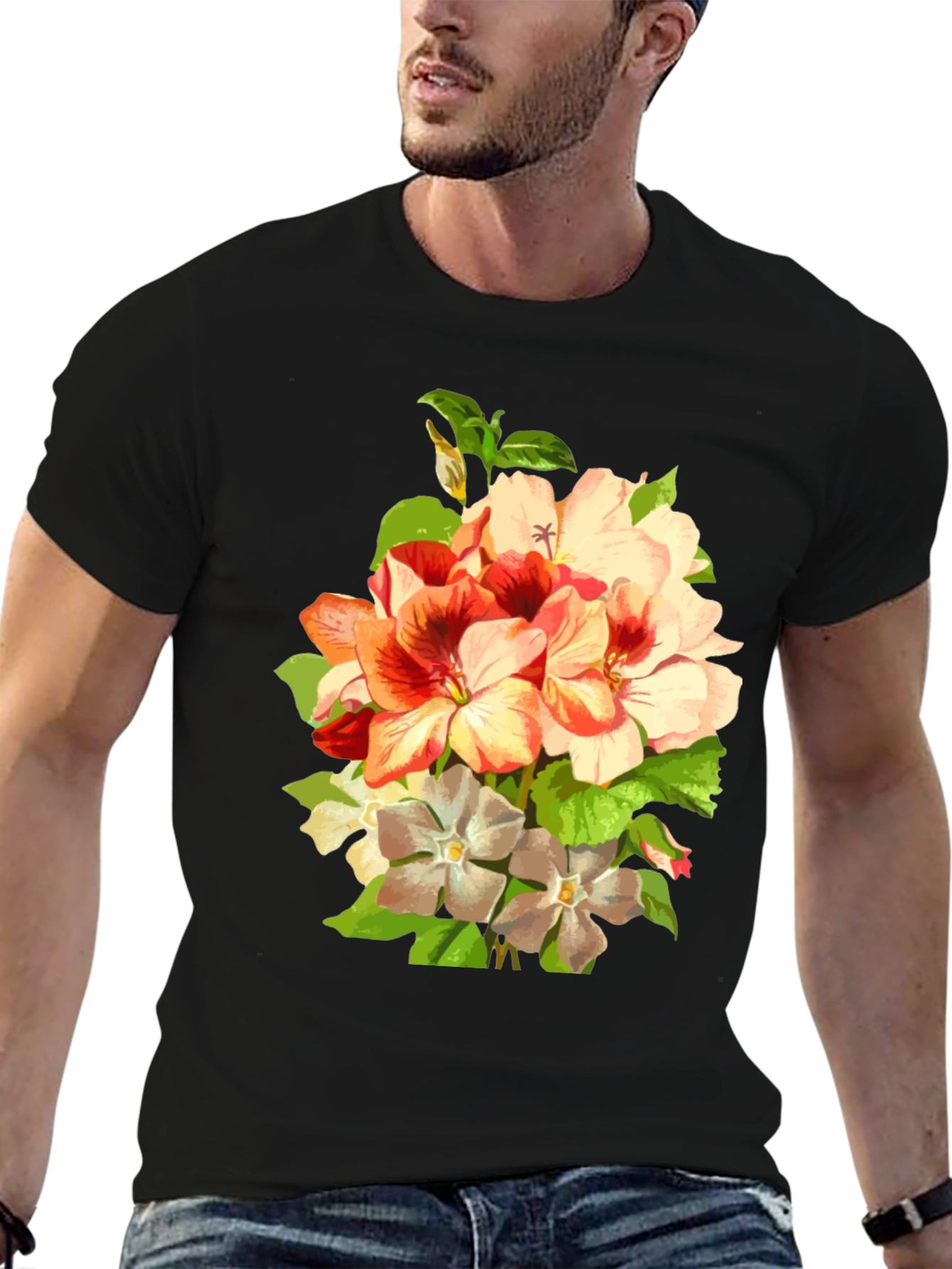 Black Floral Bouquet Graphic Tee - Black Cotton T-Shirt view 6