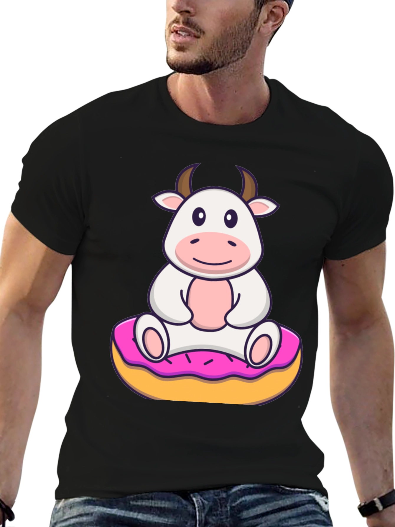 Black Cow on Donut Graphic Tee - Cute Cartoon Style view 6