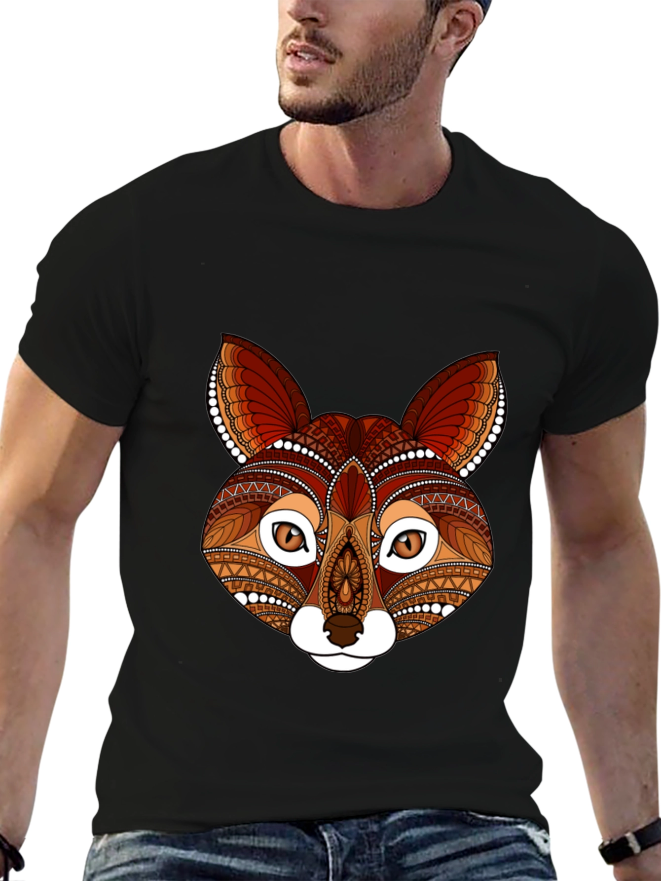 Black Fox Head Graphic Print T-Shirt view 6