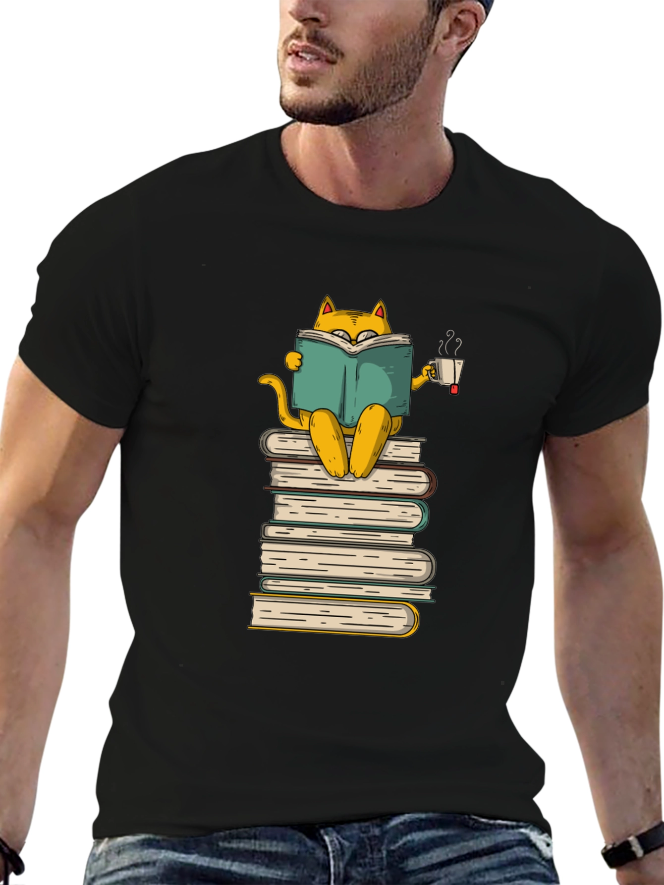 Black Bookish Cat T-Shirt: Cozy Reader view 6