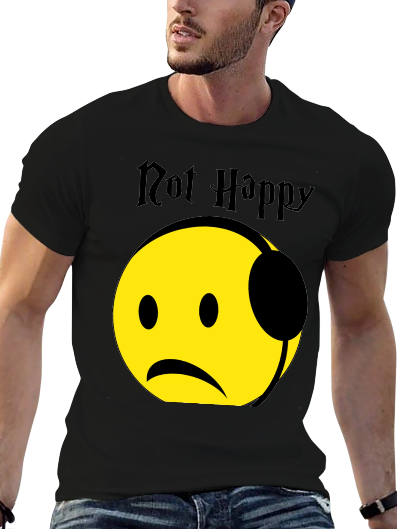 Black Not Happy Emoji Graphic T-Shirt - Trendy Casual Wear view 6