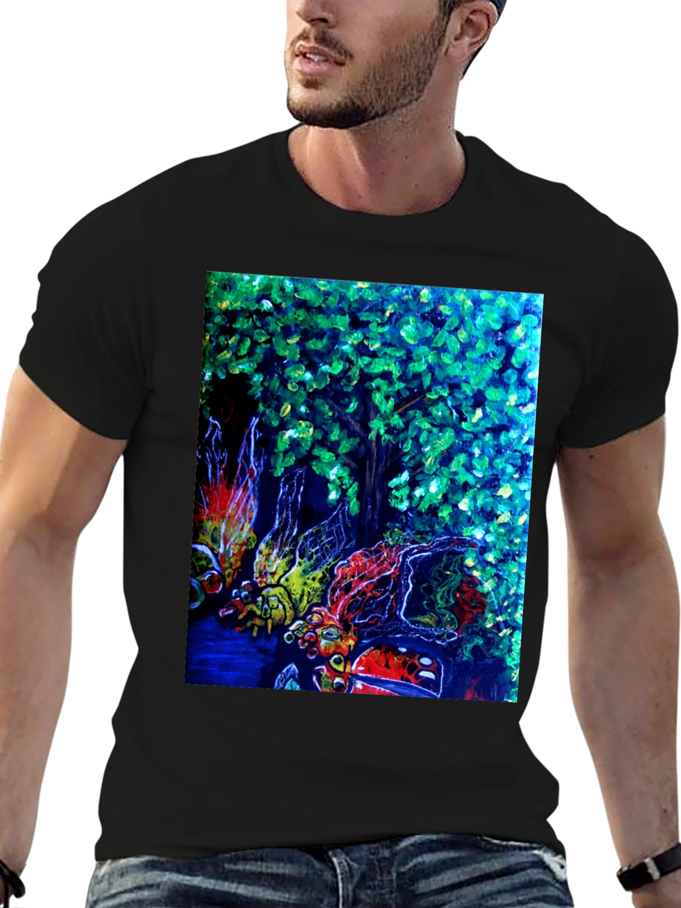 Black Nature Art Graphic Print Black T-Shirt view 6