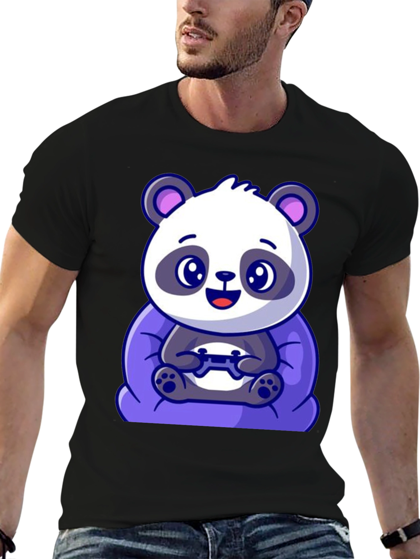 Black Cute Gamer Panda T-Shirt - Black Cotton Tee view 6